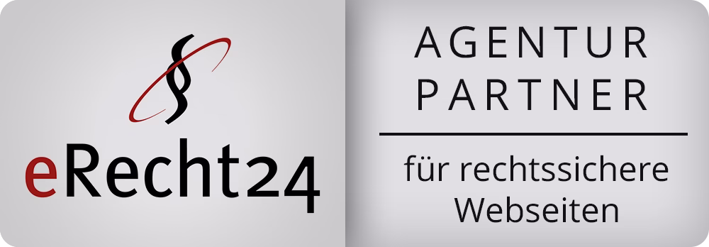 erecht24-grau-agentur-gross Zweifarbige Agentur-Partner-Logos: linkes Schriftzug-Design, rechts „AGENTUR PARTNER“ mit Hinweis „für rechtsssichere Webseiten“.