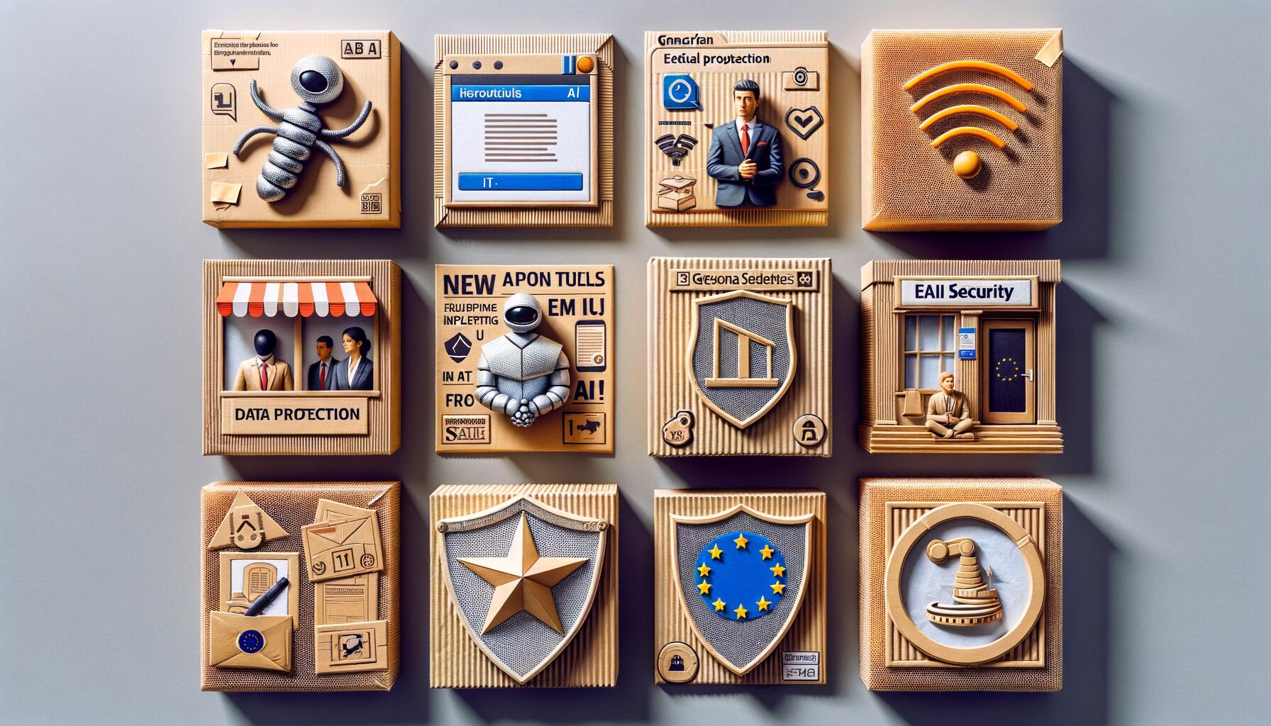 KDB Tech-Update 202403020606 Collage aus Papier- und Pappkartons mit Symbolen für KI, Daten- und IT-Sicherheit, EU-Recht sowie Schutzschild und WLAN-Icon.