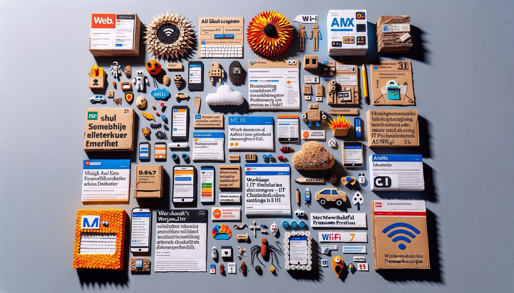 KDB Tech-Update 202403021604 Handgefertigte Papier- und Kartoncollage mit Symbolen zu IT-News: E-Mail-Schutz, Performance-Software, KI-Chat-Abo, Wi‑Fi 7, IP-Schutz und mehr.