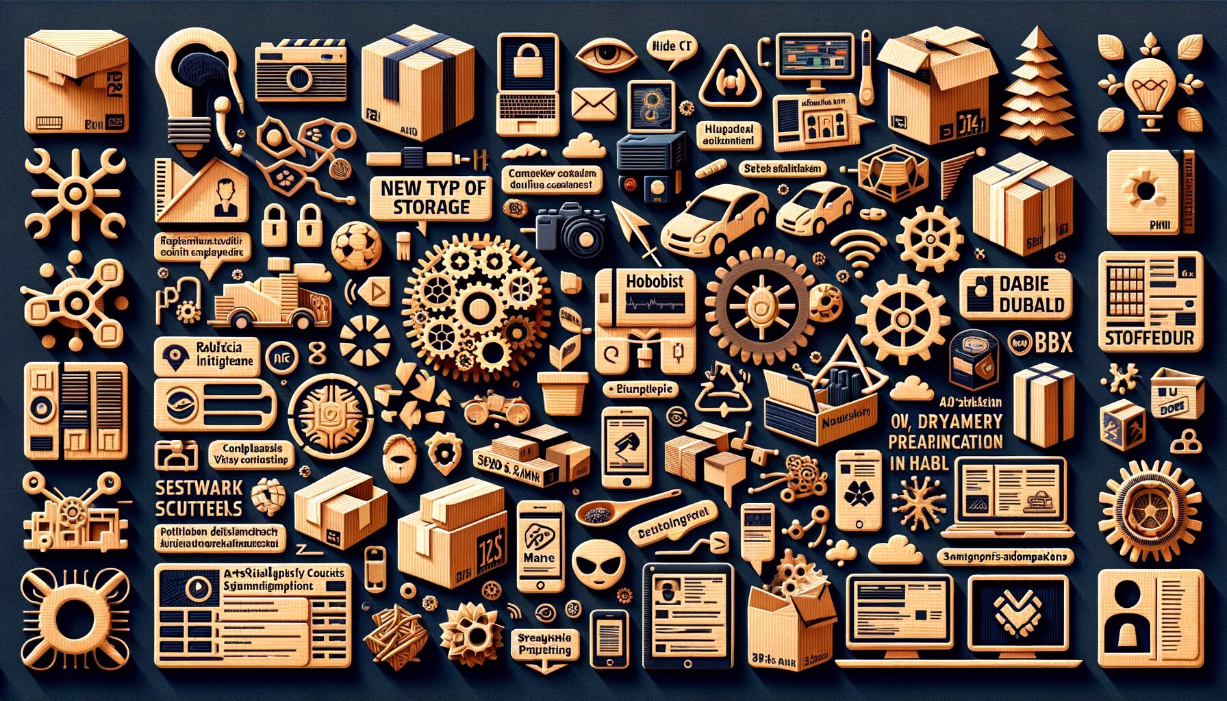 KDB Tech-Update 202403030605 Aus Papier und Karton geformte IT- und Medien-Embleme: Speicher-/Werbe-, KI-/Robotik-, Sicherheits- und Automationssymbole, passend zu Tech-Update-Themen.