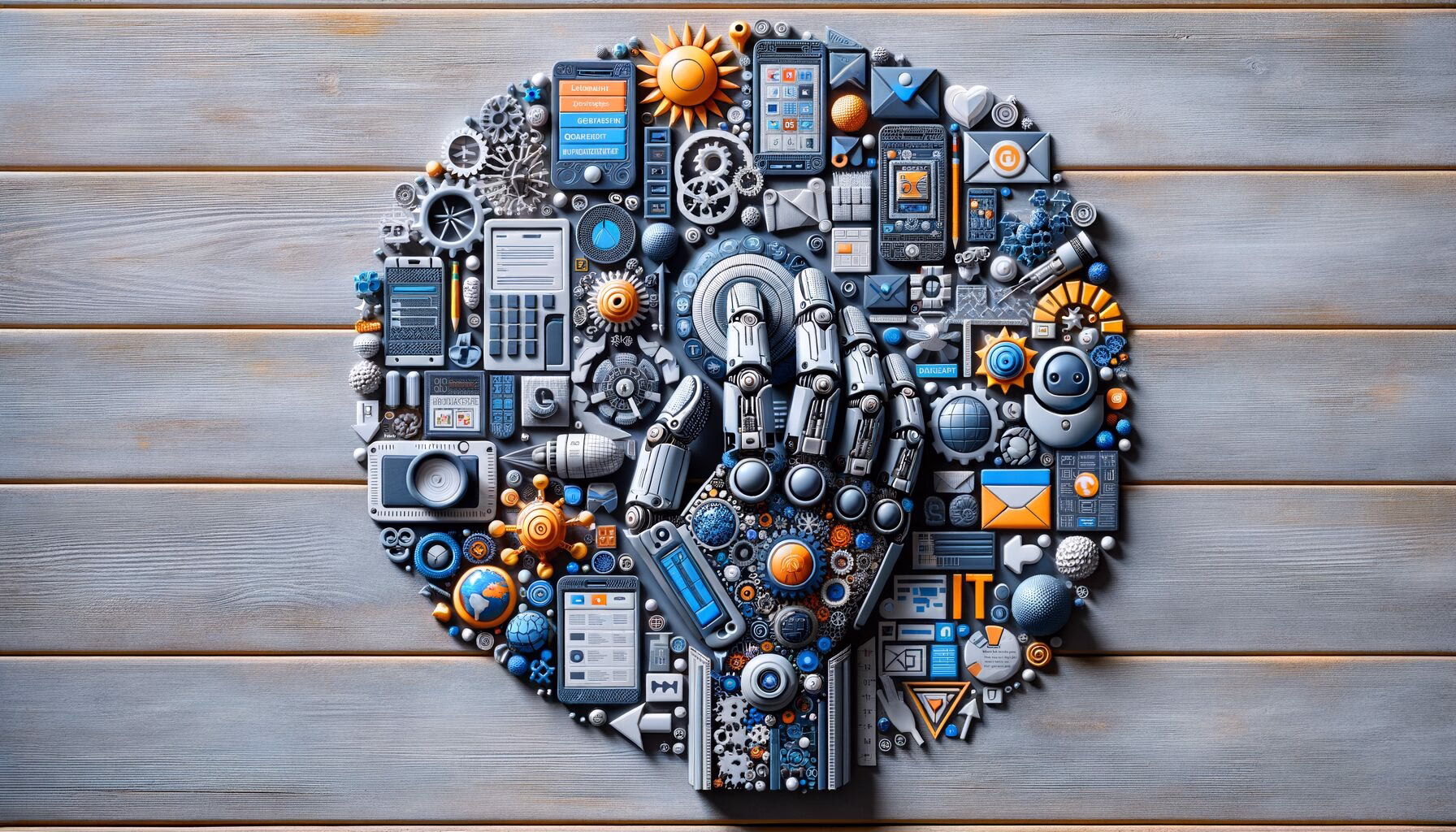 KDB Tech-Update 202403031606 Kreisförmiges IT-Cluster aus Papier- und Kunststoffelementen: Computerteile, Schaltkreise, Symbole für Sicherheit, Kommunikation und Automatisierung.