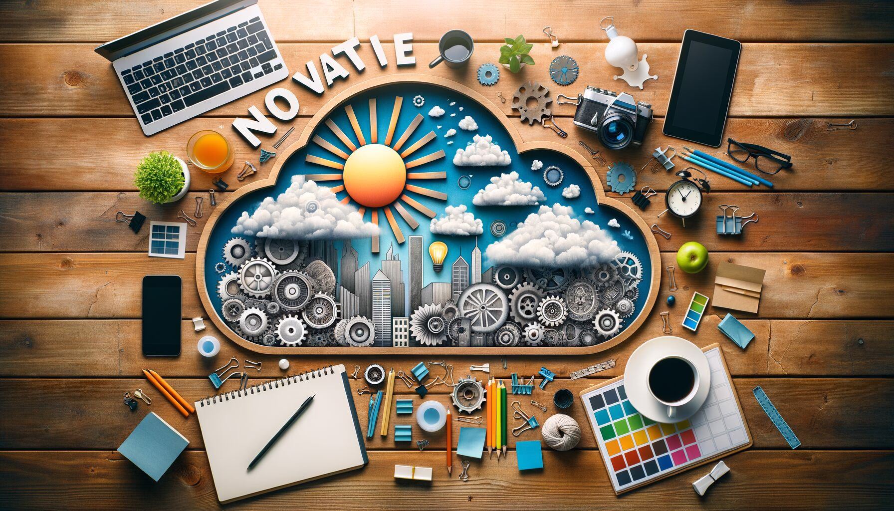 KDB Tech-Update 202403050652 Flache Ansicht eines Schreibtisch-Layouts: Laptop, Tablet, Kamera, Notizbuch, Werkzeuge; in einer Wolkenform Sonne, Zahnräder und Stadt-Silhouette.
