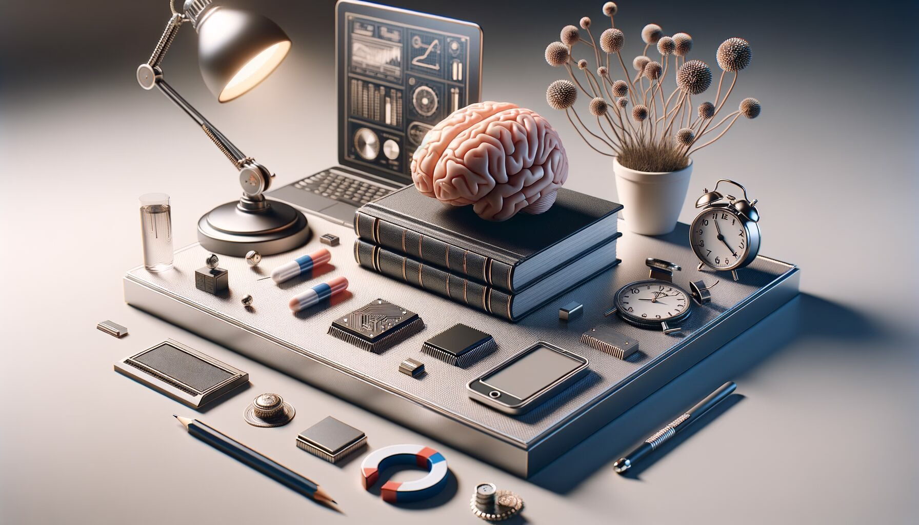 KDB Tech-Update 202403051609 Modernes Technik-Desk mit Laptop, Buchstapel, Modell eines Gehirns, Computerchips und Uhr; daneben Magnet, Pinnacle-Bauteile und wissenschaftliche Werkzeuge.