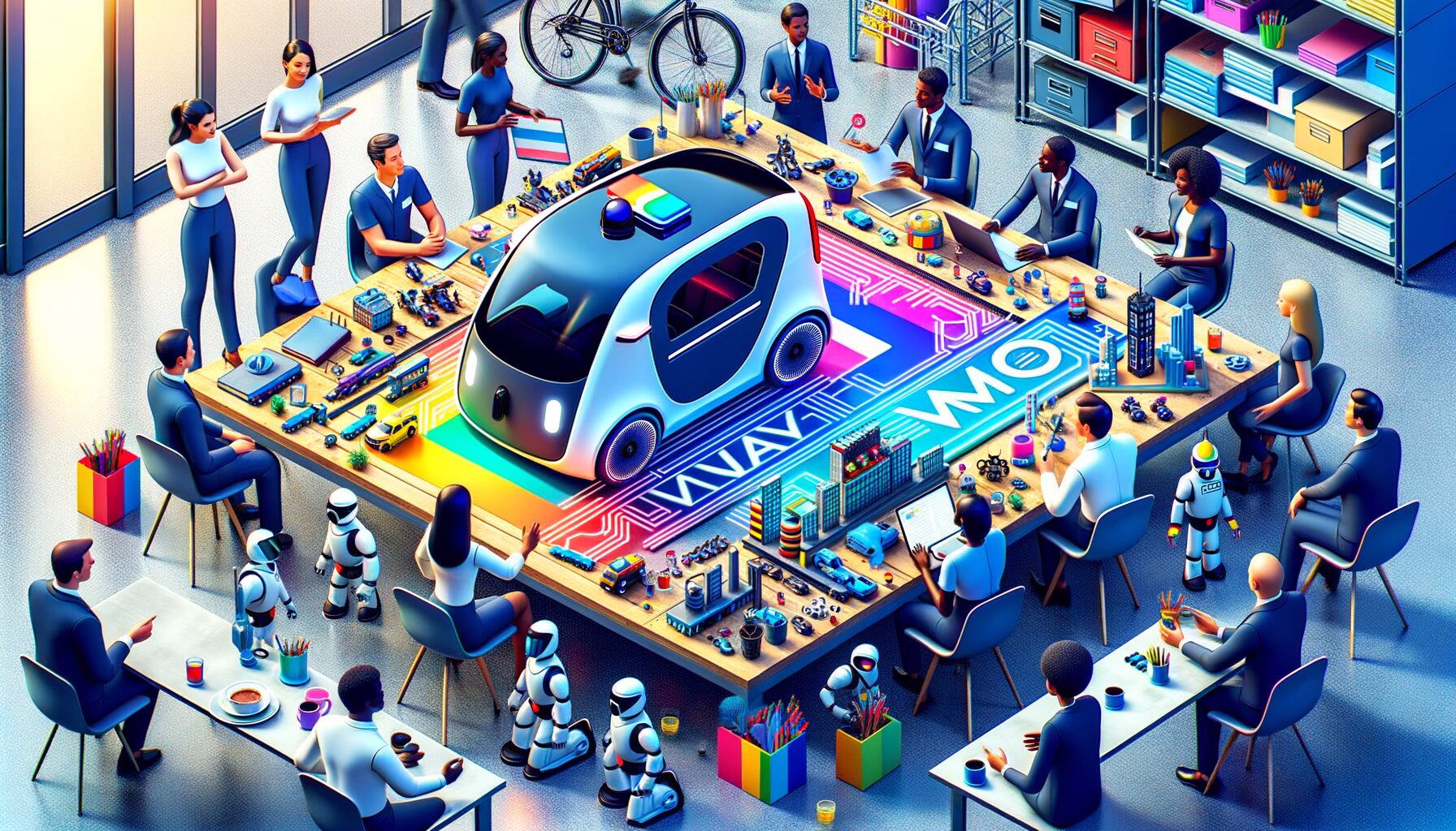 KDB Tech-Update 202403060606 Team bei der Entwicklung autonomer Technik: Modell eines selbstfahrenden Fahrzeugs auf einer Werkbank, umgeben von Elektronikbauteilen und Programmierfiguren.