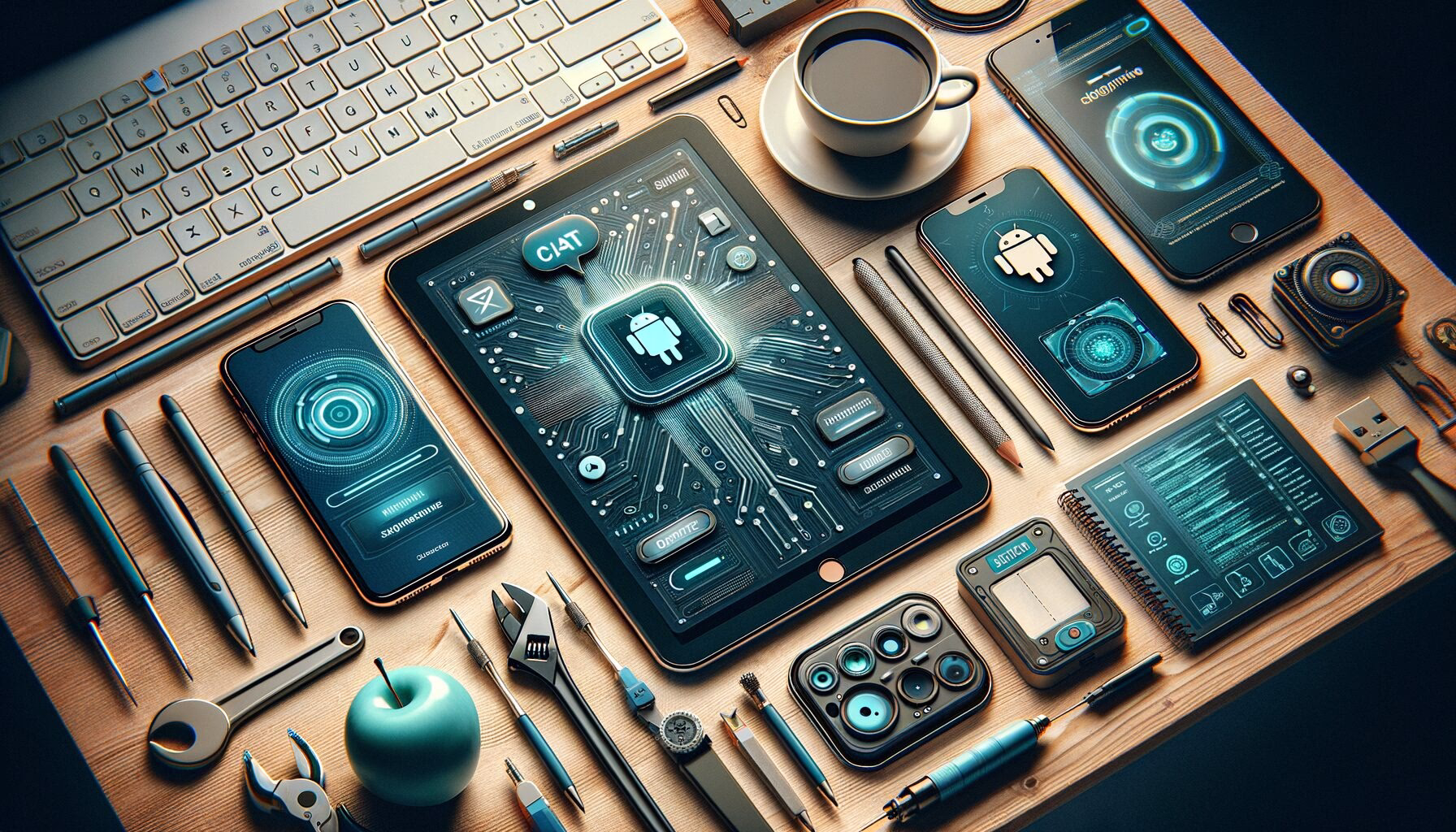 KDB Tech-Update 202403061604 Technik-Desk: Smartphones, Chat-KI-Visualisierung, Reparatur- und Update-Icons sowie Software-Tools, Werkzeuge auf einem Holztisch.