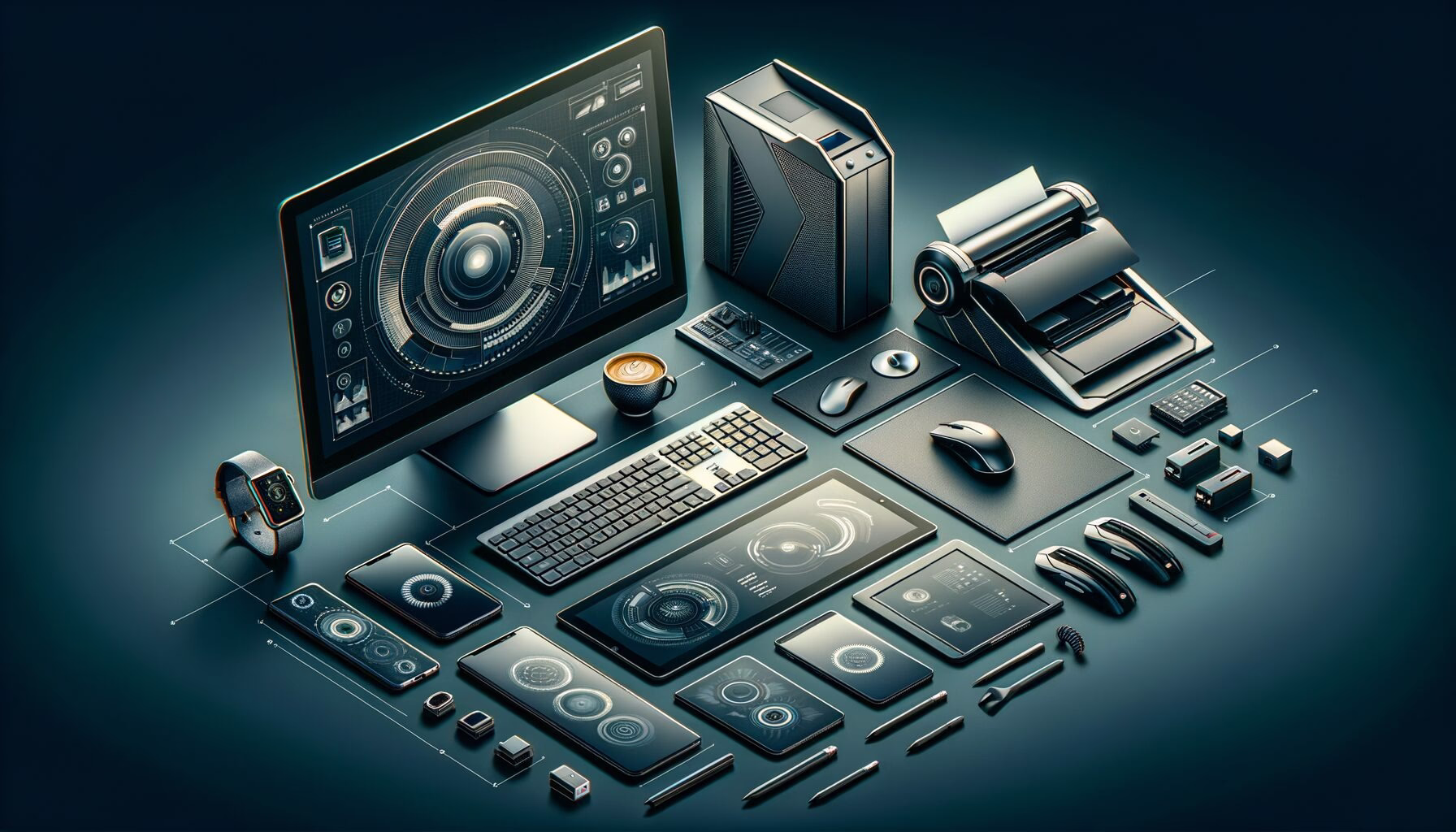 KDB Tech-Update 202403071607 Technik-Arbeitsplatz mit Computer, Tastatur, Maus, Drucker, Smartphone, Tablet und Zubehör; zeigt moderne digitale Arbeitsumgebung.