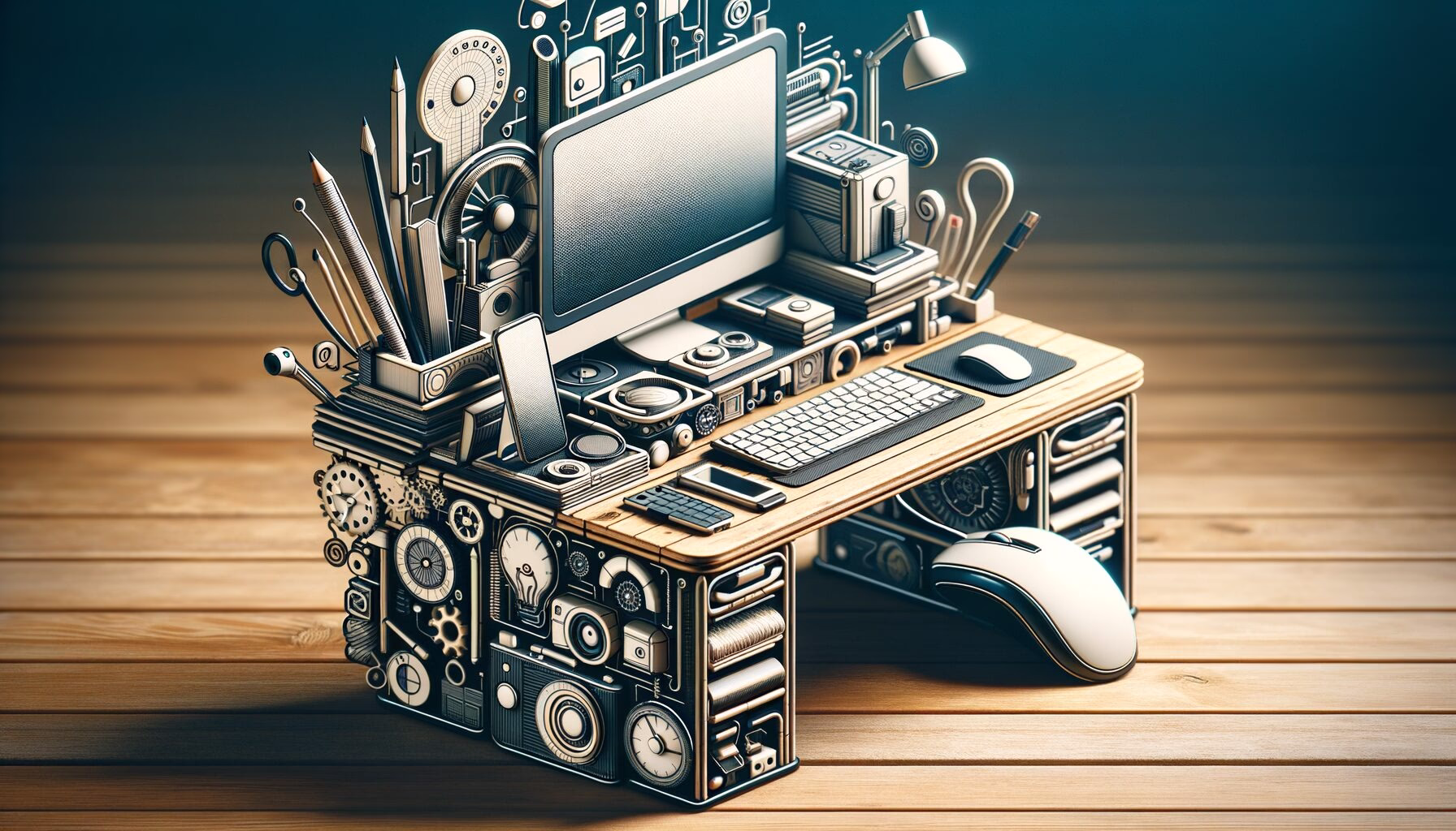 KDB Tech-Update 202403080604 Technikbesetzter Schreibtisch mit Monitor, Tastatur, Maus und Smartphone; Icons und Kabel deuten auf Produktivität und moderne Arbeitsabläufe hin.
