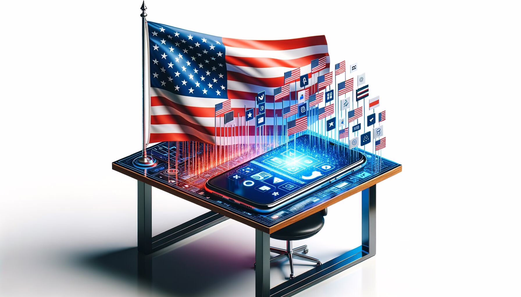 KDB Tech-Update 202403090608 Flagge mit Sternen und Streifen auf modernem Schreibtisch, daneben Smartphone mit leuchtendem Interface für Tech-Update und Konnektivität.