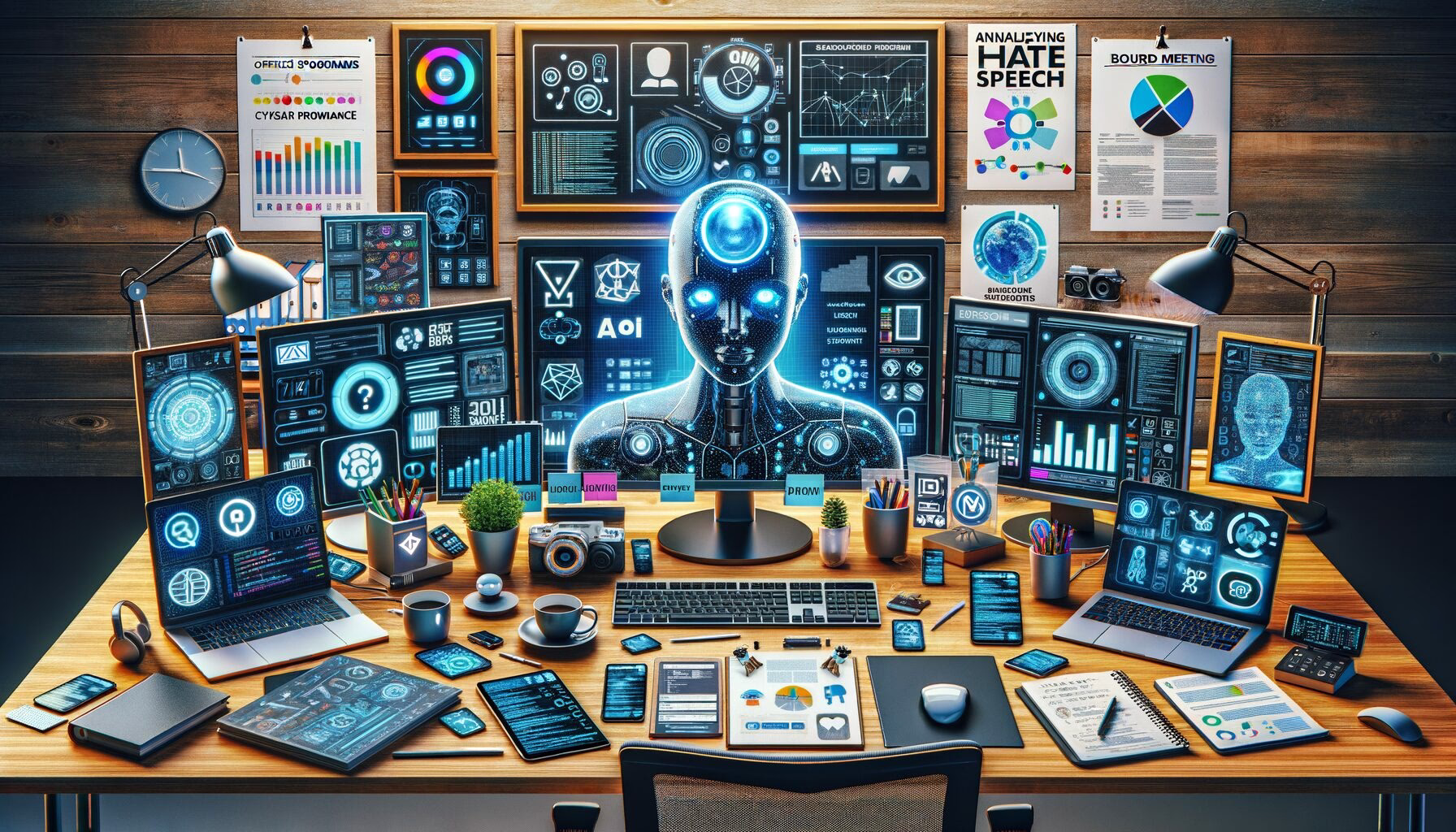 KDB Tech-Update 202403091610 Technik-Desk mit Monitoren, Laptops und holografischem KI-Assistenten; Anzeigen zeigen Analysen, Code und Projektplanung für digitale Entwicklung.