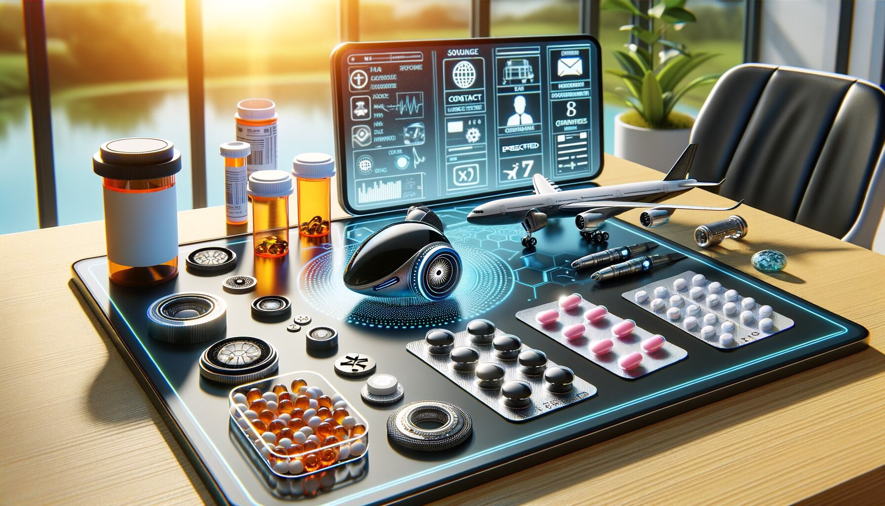 KDB Tech-Update 202403101605 Technologie-Desk: Tabletten, Behälter, Knöpfe, kleines autonomes Fahrzeug, Mini-Flugzeug und Bildschirm mit Daten—für Technik-Update und Analyse.