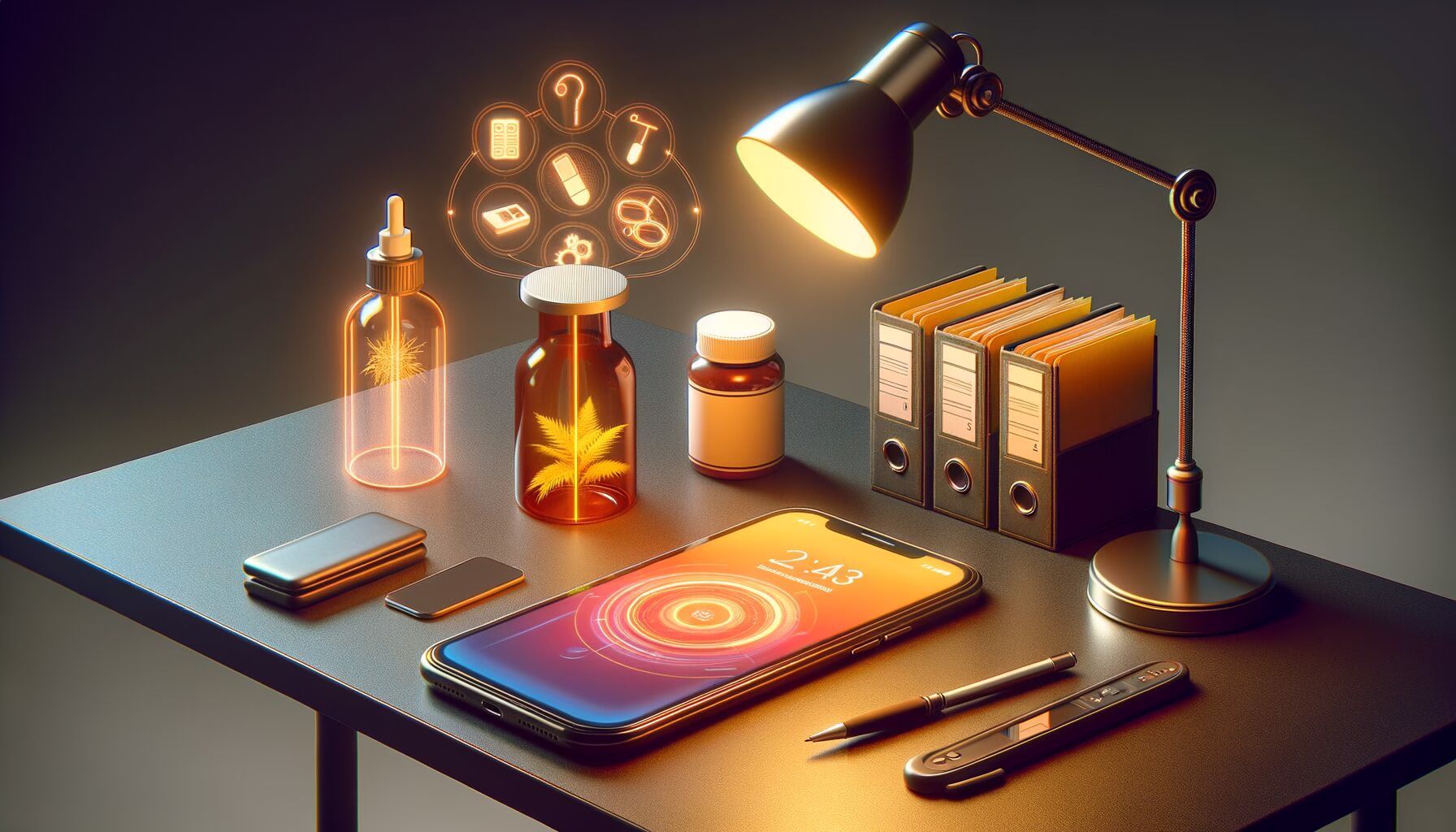 KDB Tech-Update 202403110604 Moderner Schreibtisch mit Smartphone, Tablet/Screen, Medikamentenflasche, warmer Schreibtischlampe, geordneten Ordnern und Stift für produktive Organisation.
