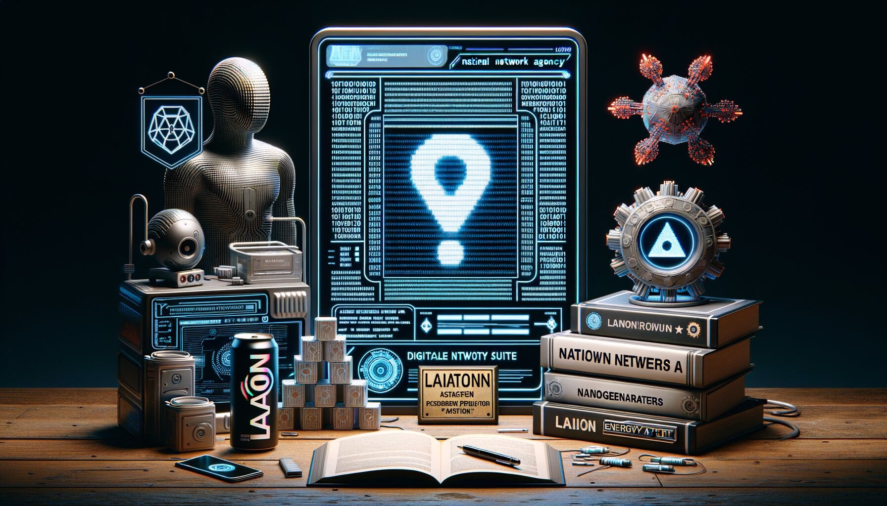 KDB Tech-Update 202403111605 Technik-Workstation mit Hologramm-Avatar, Bildschirmen zu Sicherheitswarnung und Produktivität, Hinweisschild, Nanogeräte-Symbolik und Energiebehälter.