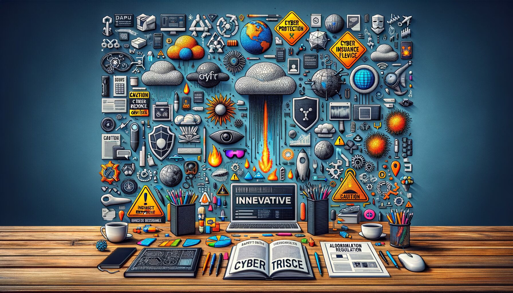 KDB Tech-Update 202403120609 Technik-Desk mit Symbolen für Cyber-Schutz, Incident-Response, Datenübertragung und Versicherung; dazu Warnhinweise zu Security/Deepfakes und Regelwerksdokumente.
