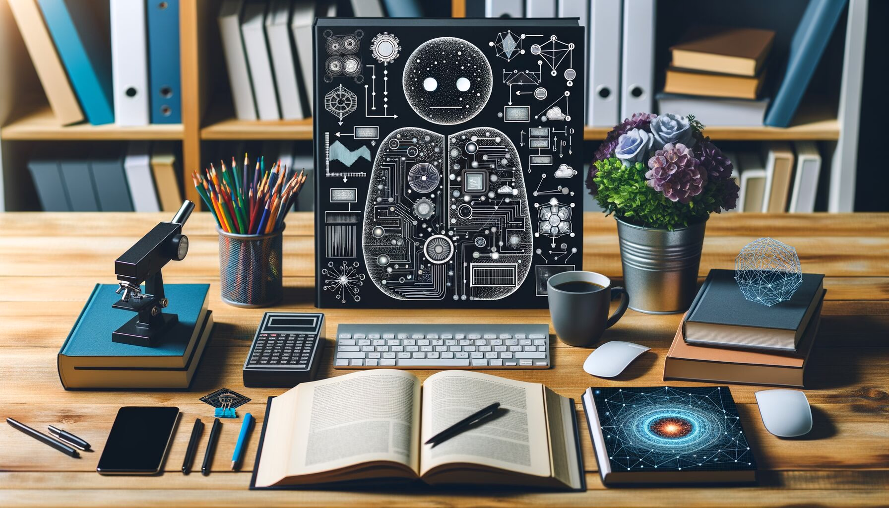 KDB Tech-Update 202403121607 Arbeitsplatz mit Tastatur, Rechner, geöffnetem Buch und Smartphone; hinter einer Tafel mit Schaltkreis- und Algorithmusdiagrammen, Symbolik für KI/Forschung.