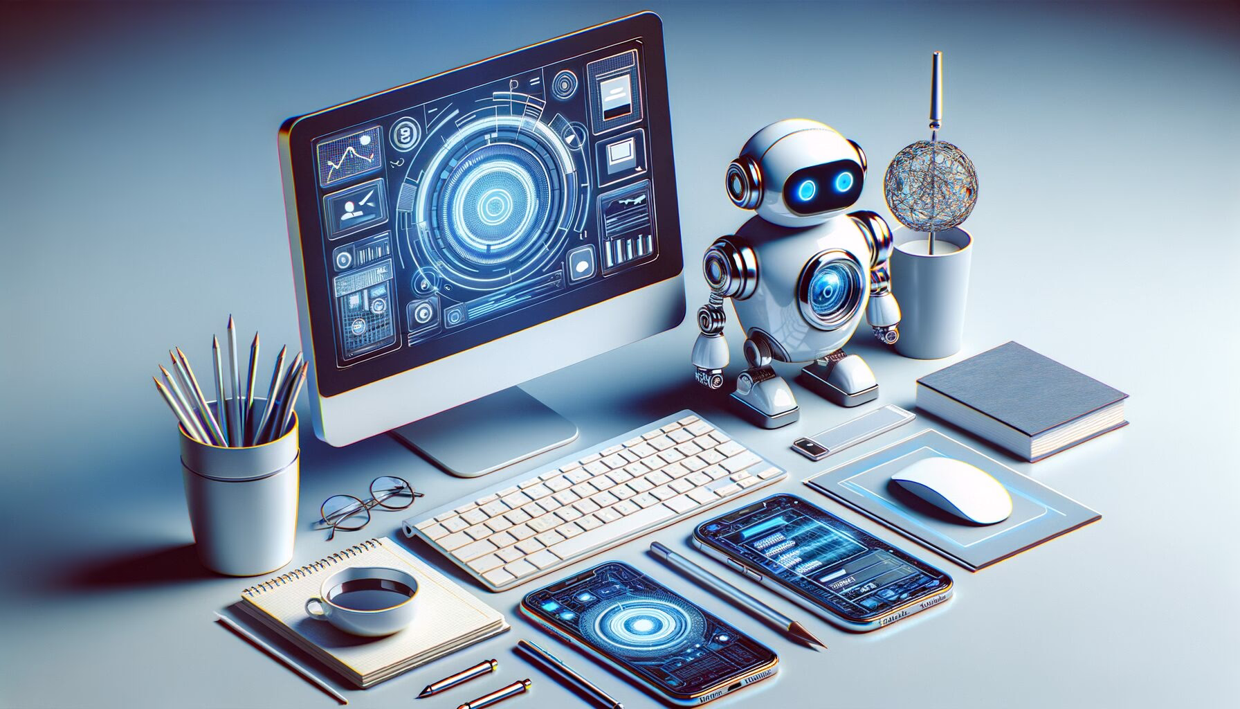 KDB Tech-Update 202403140604 Modernes Desk-Setup mit Computer-Interface, Smartphone, Chatbot-Roboter und abstrakter Such-/KI-Grafik, vermittelt digitale Automation und Informationssuche.