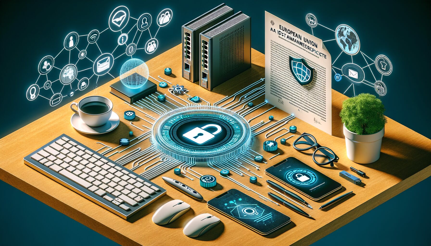 KDB Tech-Update 202403141608 Technikdesk mit Keyboard, Server-Racks, Smartphone und Symbolgrafiken für Zero-Trust-Sicherheit, Anonymisierung und rechtliche KI-Vorgaben.