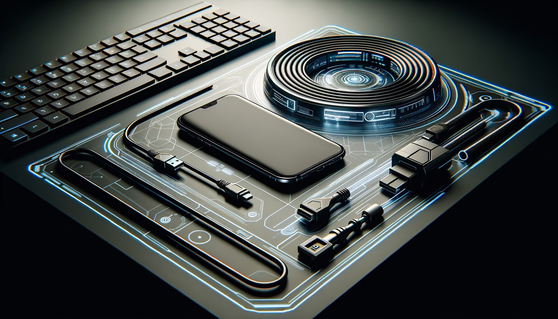 KDB Tech-Update 202403150604 Futuristischer Schreibtisch mit Smartphone, USB-Kabeln und Tablet-ähnlicher Ladeplatte; Darstellung von Konnektivität und Stromversorgung.