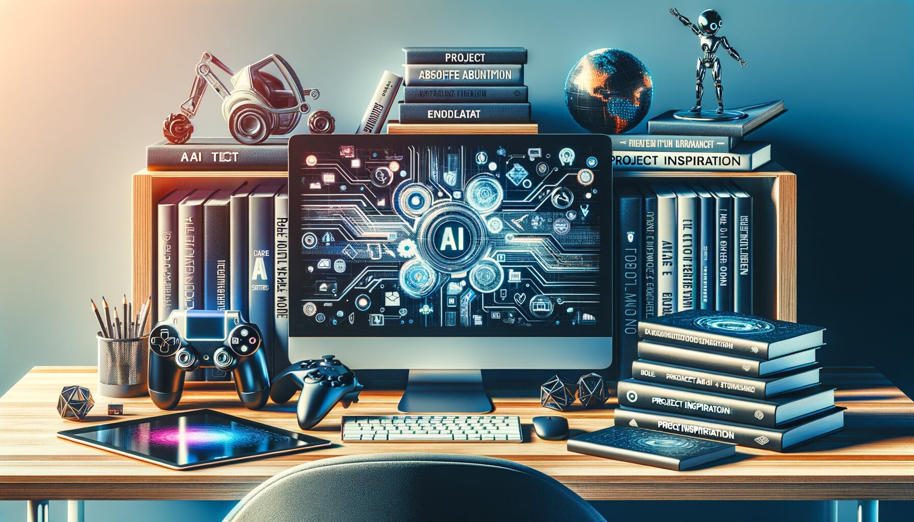 KDB Tech-Update 202403151629 Technik-Schreibtisch mit Monitor und Controller, Büchern zu KI und Rechtsrahmen, Symbolen für Projekt-Inspiration sowie Chatbots.