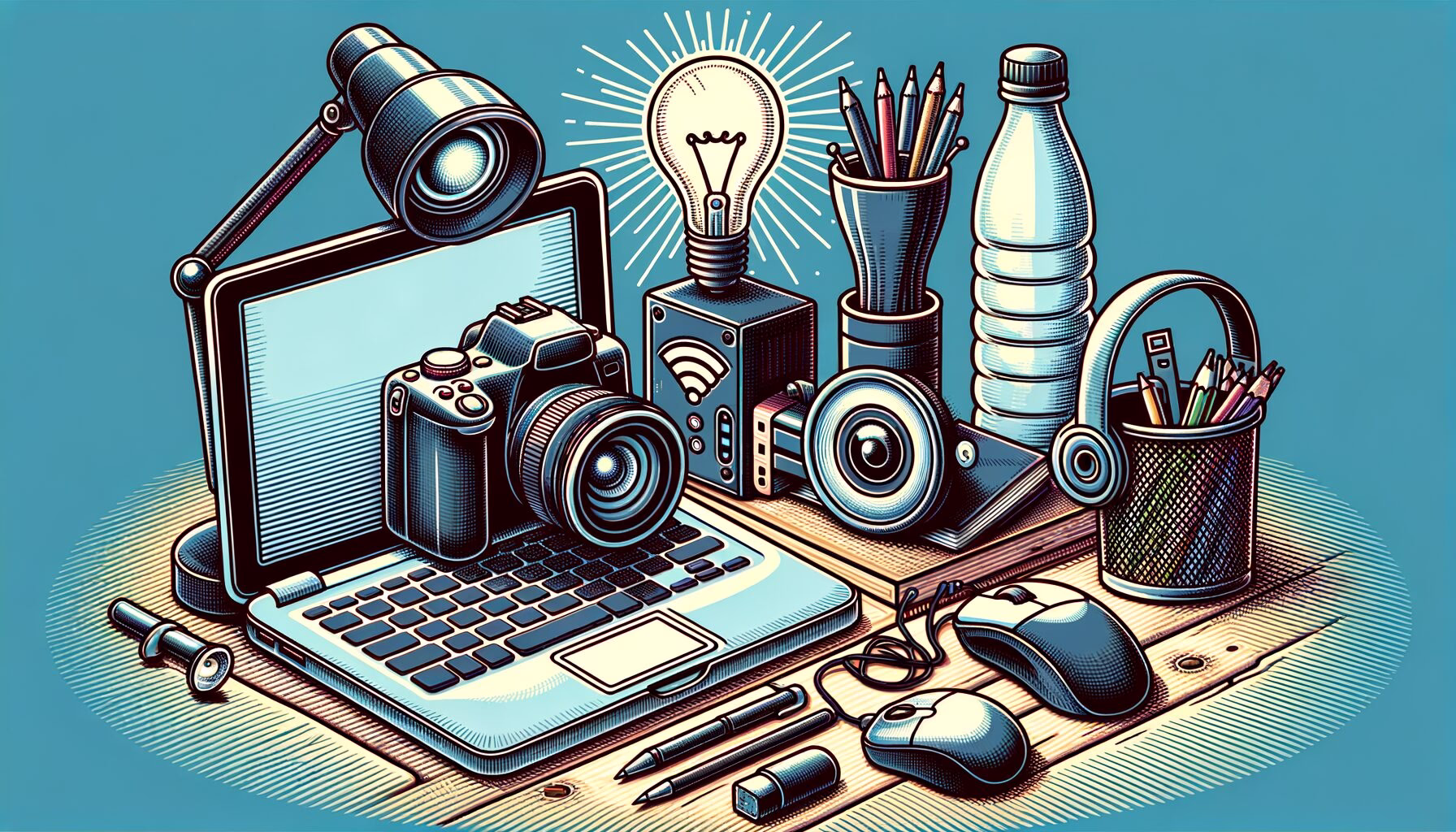 KDB Tech-Update 202403160606 Illustration eines Arbeitsplatzes mit Laptop, Kamera, Maus, Kopfhörern, Wasserflasche, Stiftbecher und WLAN-Router als Technik-Set.