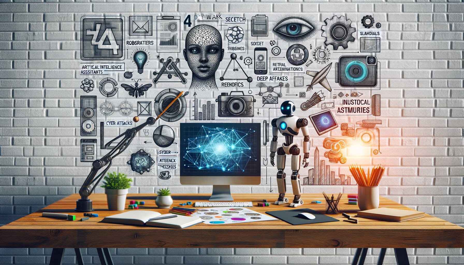 KDB Tech-Update 202403170608 Technologisches Desktop-Setup mit Roboter, Bildschirm mit Daten/Netzwerk, Symbolen für KI, Cyberangriffe, Deepfakes und Robotik an der Wand.