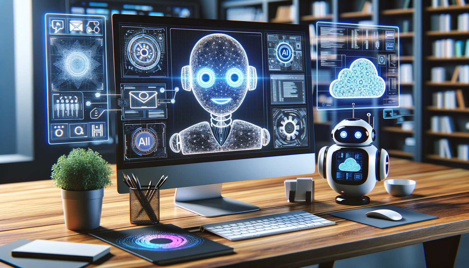 KDB Tech-Update 202403171606 KI-Desktop mit Monitor-Visualisierung von Algorithmen, Cloud-Symbol und Chat-Dialog; Roboter und Tablet symbolisieren intelligente Unterstützung.