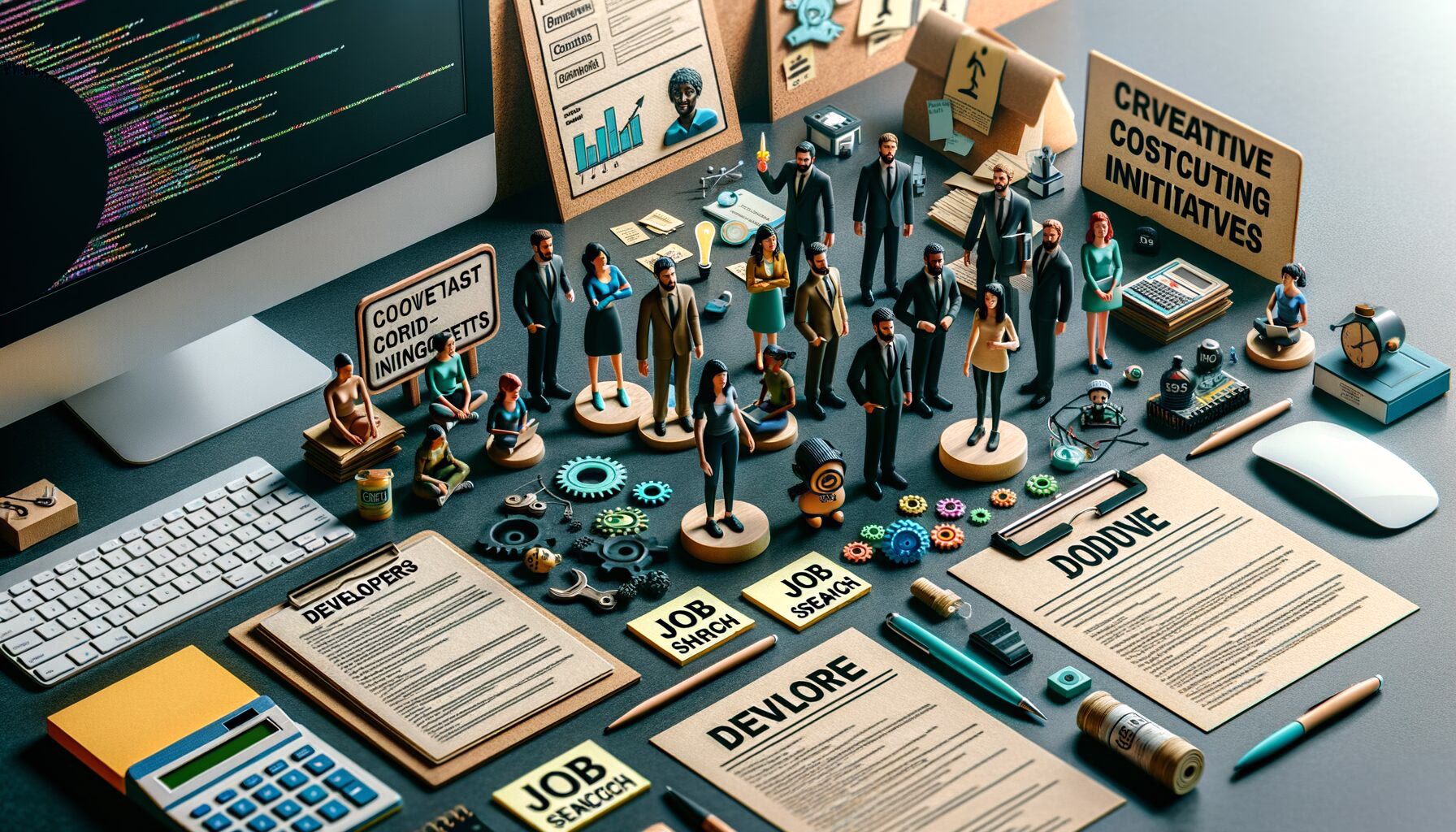 Technik-Desk mit Figuren, Schaubildern, Zahnrädern, Dokumenten für Jobsuche und Hinweis „Cost-cutting“, veranschaulicht Digitalisierung und Kostenreduktion.