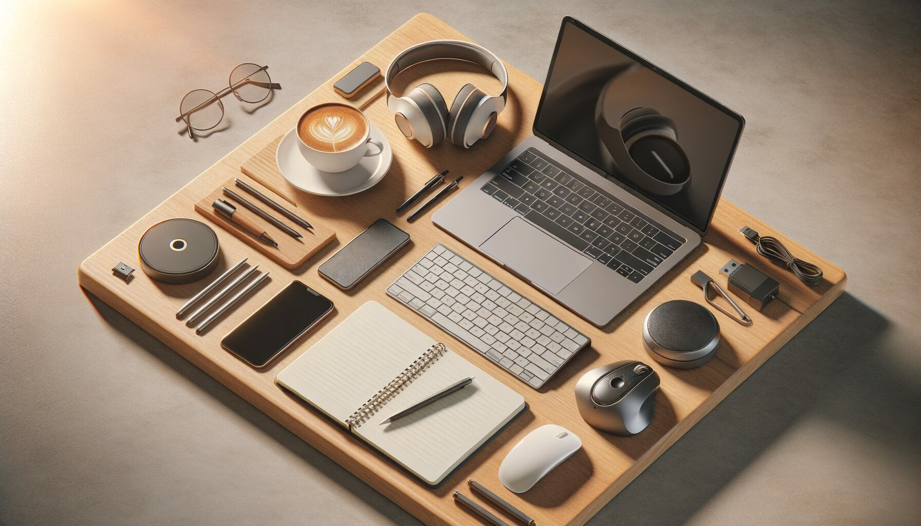 Modernes Arbeits-Setup auf Holzschreibtisch: Laptop, Tastatur, Maus, Smartphone, Kopfhörer, Tasse, Notizblock, Stifte und USB-Stick.