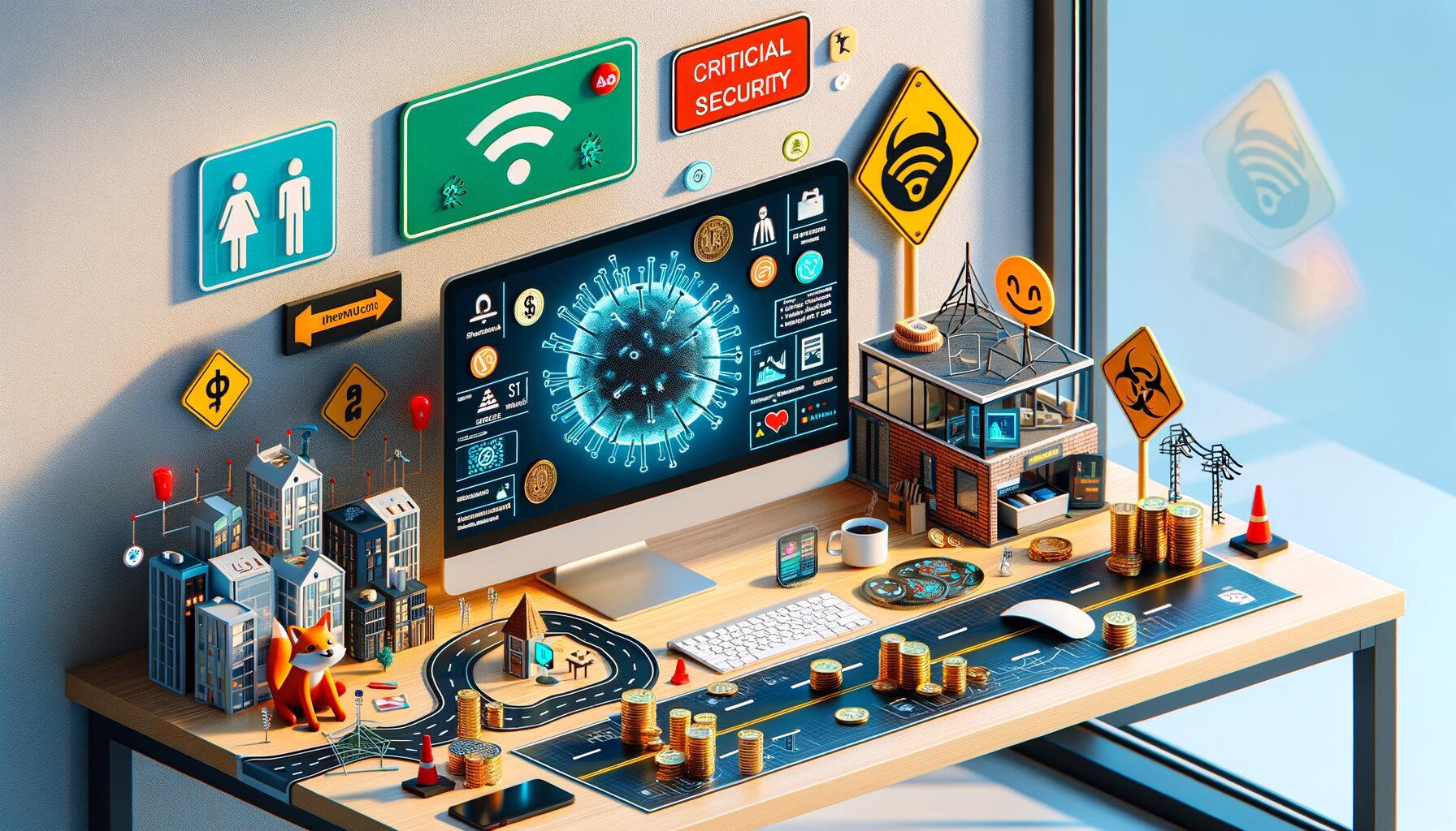 KDB Tech-Update 202403191607 Modernes Büro-Set mit Monitor, Symbolen für WLAN, kritische IT-Security, Datenzentren, Warnlichtern, Pandemie- und Isolationsthematik sowie Coins und Roboter-Blueprint.