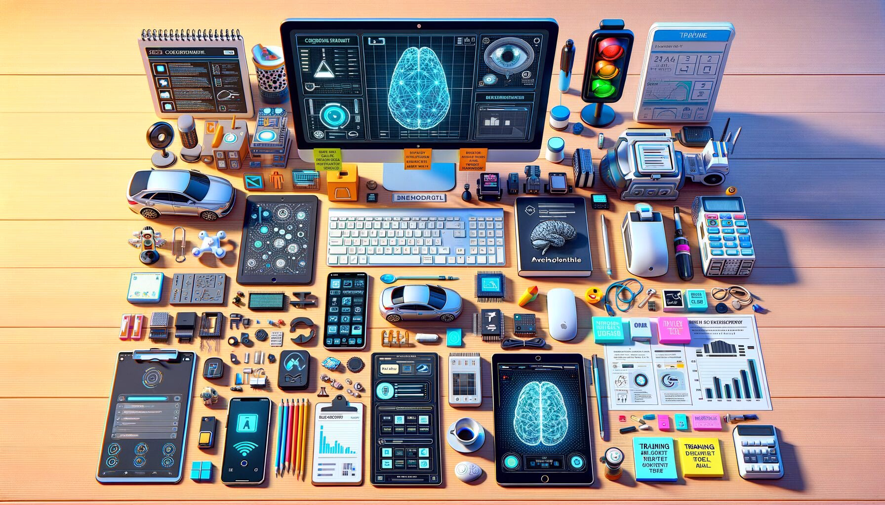 KDB Tech-Update 202403201610 Übersichtliche Tech-Desk-Szene mit mehreren Geräten, KI-Visualisierungen, Symbolen auf Haftnotizen und Benachrichtigungs-/Charts für Updates und Training.