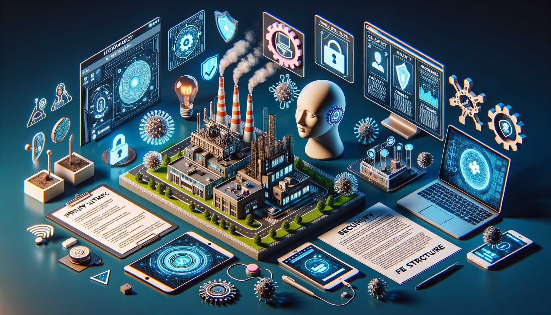 KDB Tech-Update 202403210608 Innovatives Desk-Set mit Mini-Chipfabrik, KI- und Sicherheits-Symbolen, Updates-Ansicht, Datenschutzdokument und Software-Interface für Tech-Update