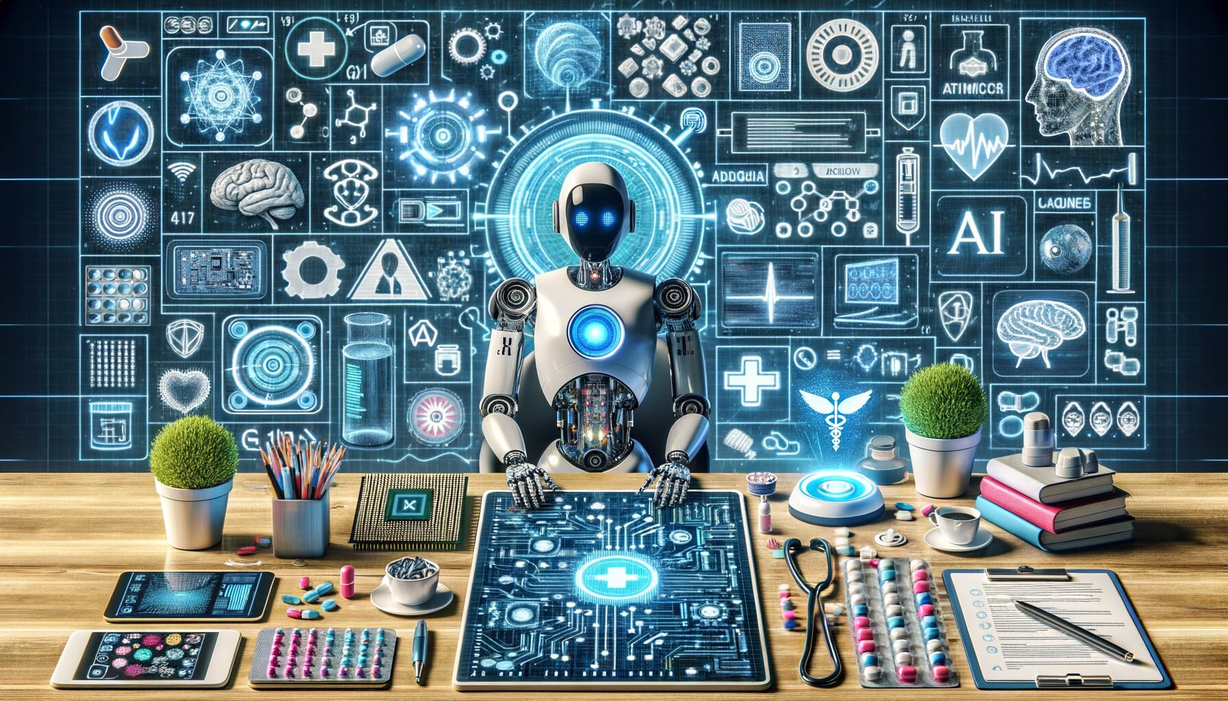 KDB Tech-Update 202403211606 Futuristischer Roboter am Schreibtisch vor medizinisch-wissenschaftlichem KI-Layout mit Symbolen, Bildschirm-Video, Tablets und Laborutensilien.