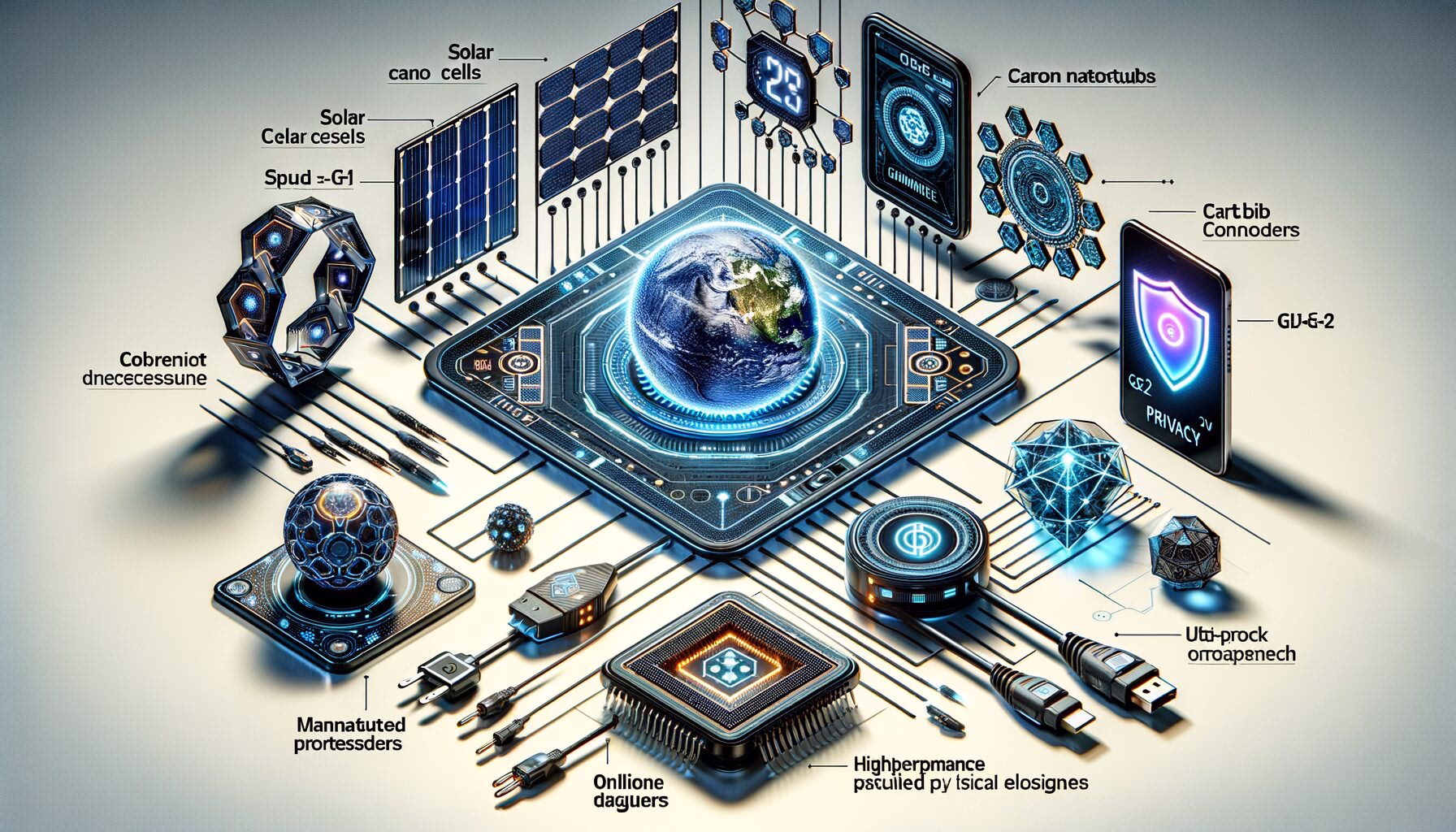 KDB Tech-Update 202403221609 Zentrale Chip-Platine mit Erdkugel, darüber Module für Solarenergie, KI-Hologramme und digitale Schutzelemente; symbolisiert vernetzte Technik.