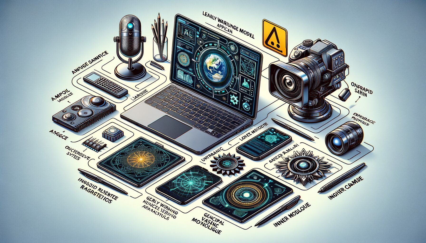 KDB Tech-Update 202403230604 Technik-Desktop mit Laptop, Mikrofon, Kamera, Smartphone und Symbolgrafiken zu KI, Frühwarnung, Sicherheit und Vorhersagen.