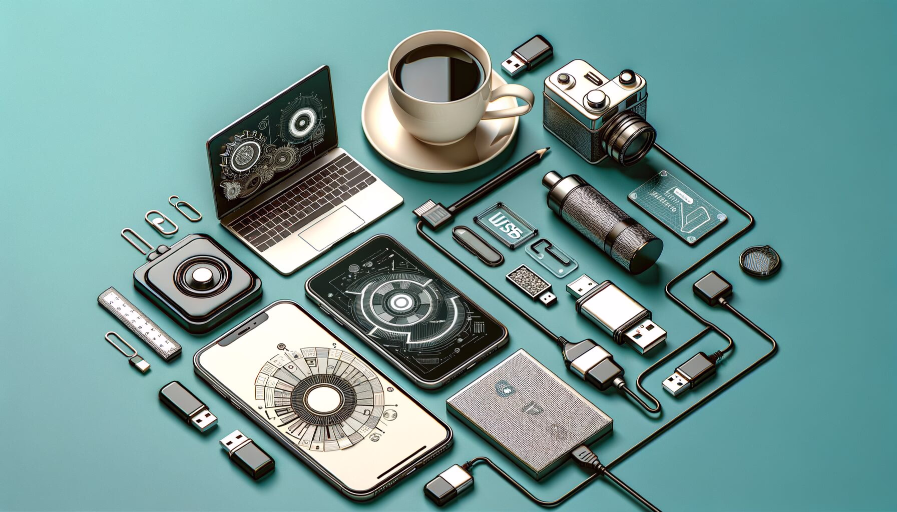KDB Tech-Update 202403240604 Teal-Desk mit Smartphone, Laptop, USB-Sticks, Kamera- und Audio-Equipment sowie Kaffeetasse—zeigt Technik-Workflow und Datenübertragung.