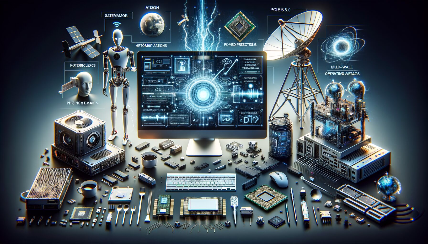 KDB Tech-Update 202403241608 Zukunfts-Computerarbeitsplatz mit LED-Monitor, Hardware-Komponenten, KI- und Satelliten-Elementen; digitale Angriffe symbolisiert durch Phishing- und Malware-Signale.