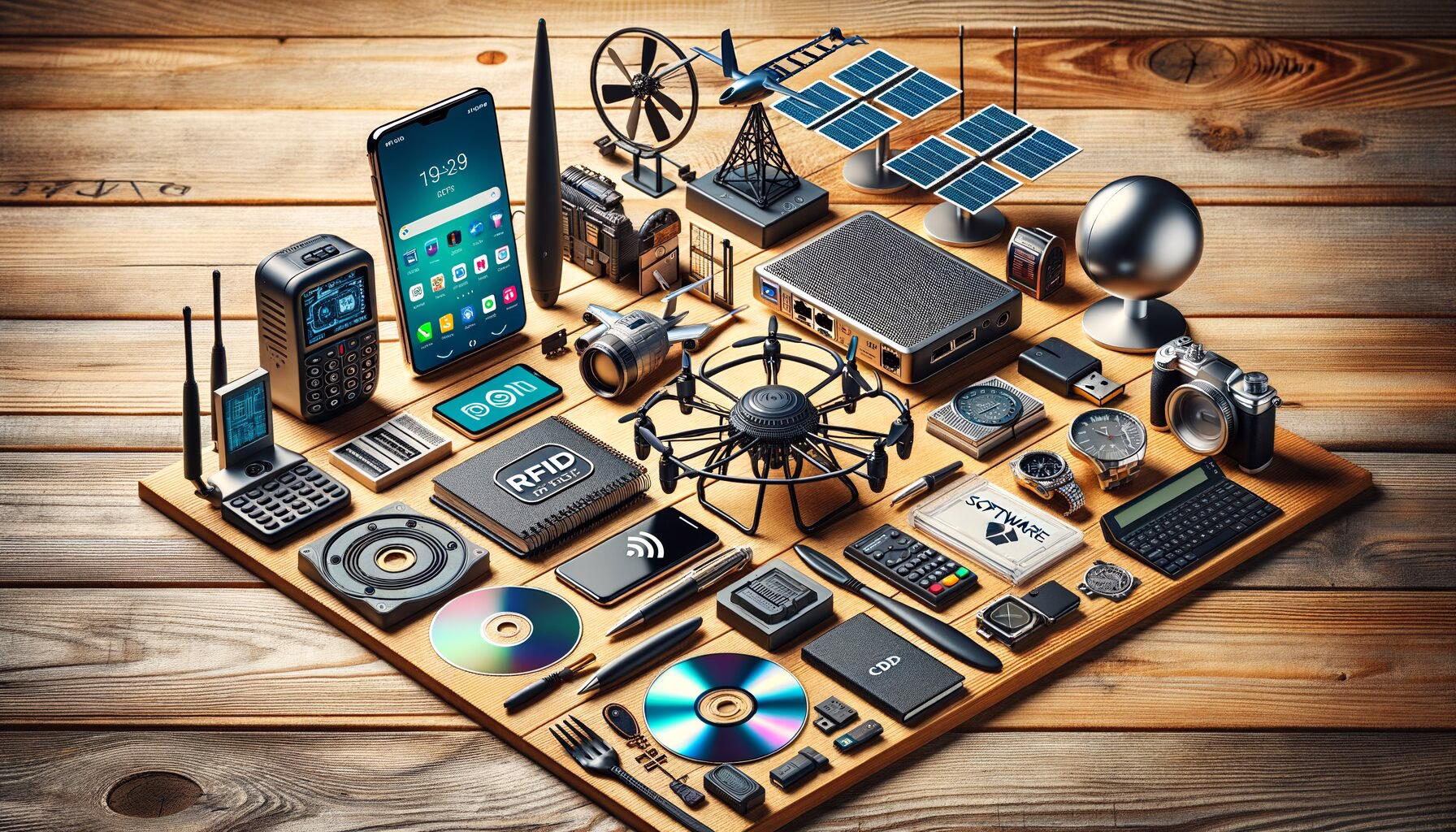 KDB Tech-Update 202403250607 Techniktisch mit Router, LAN-Kabel, Smartphone mit NFC, Funkmodulen, Drohnenmodell und Solarpaneelen als Symbol für Vernetzung und moderne Infrastruktur.