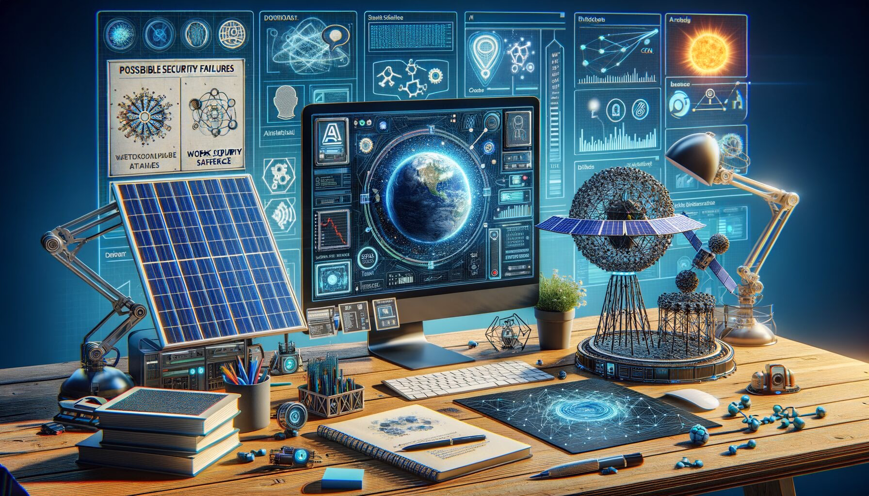 KDB Tech-Update 202403251609 Arbeitsplatz-Visualisierung mit Solarpanel, Monitor mit KI-/Sicherheits-Symbolen, Datenkarten und 3D-Satellitenmodell; deutet mögliche Sicherheitslücken an.