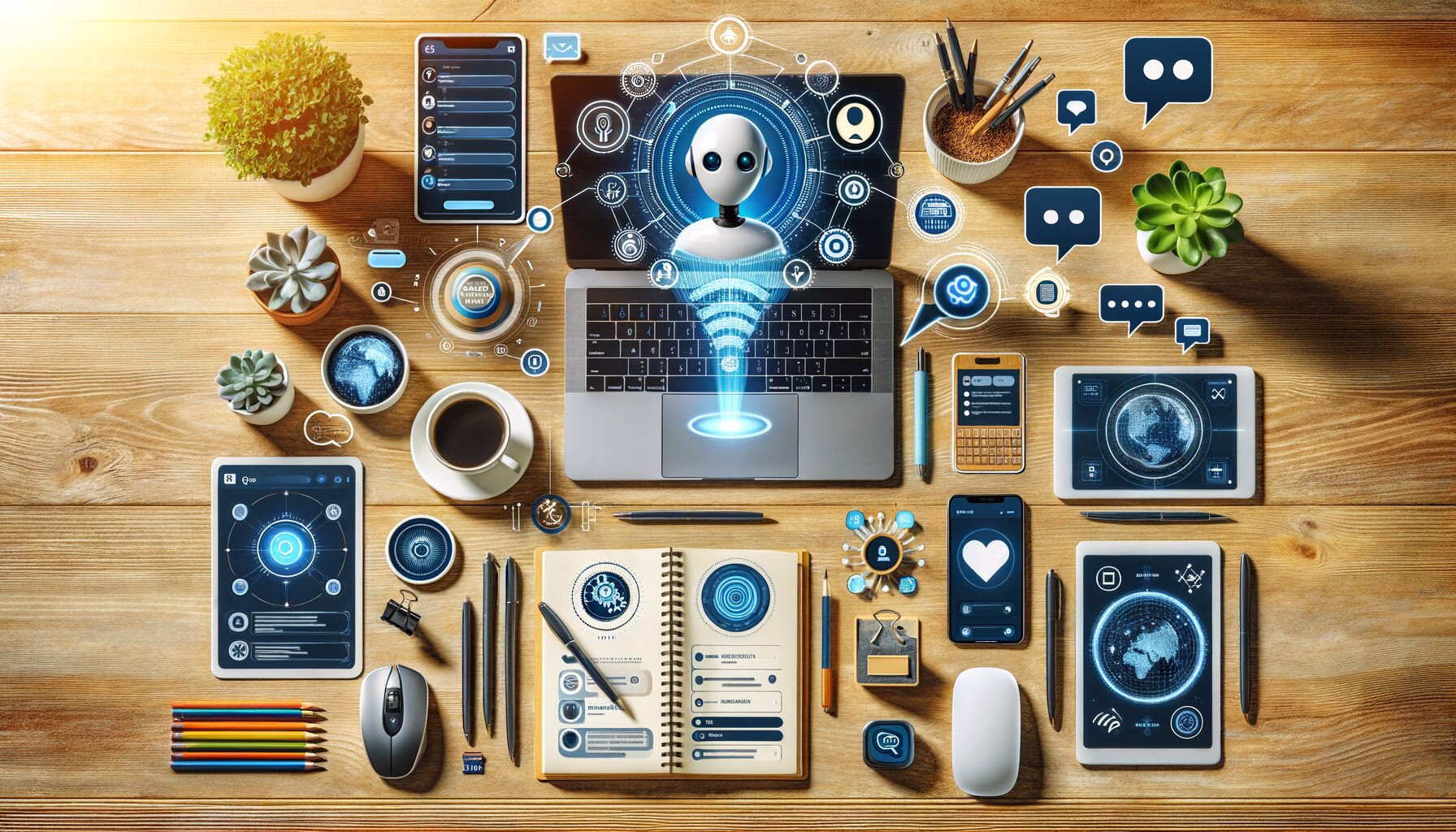 KDB Tech-Update 202403270606 Schreibtisch-Layout mit Laptop und KI-Assistent, Chat- und Software-Symbolen, um Zusammenarbeit, Produktivität und digitale Beratung zu zeigen.