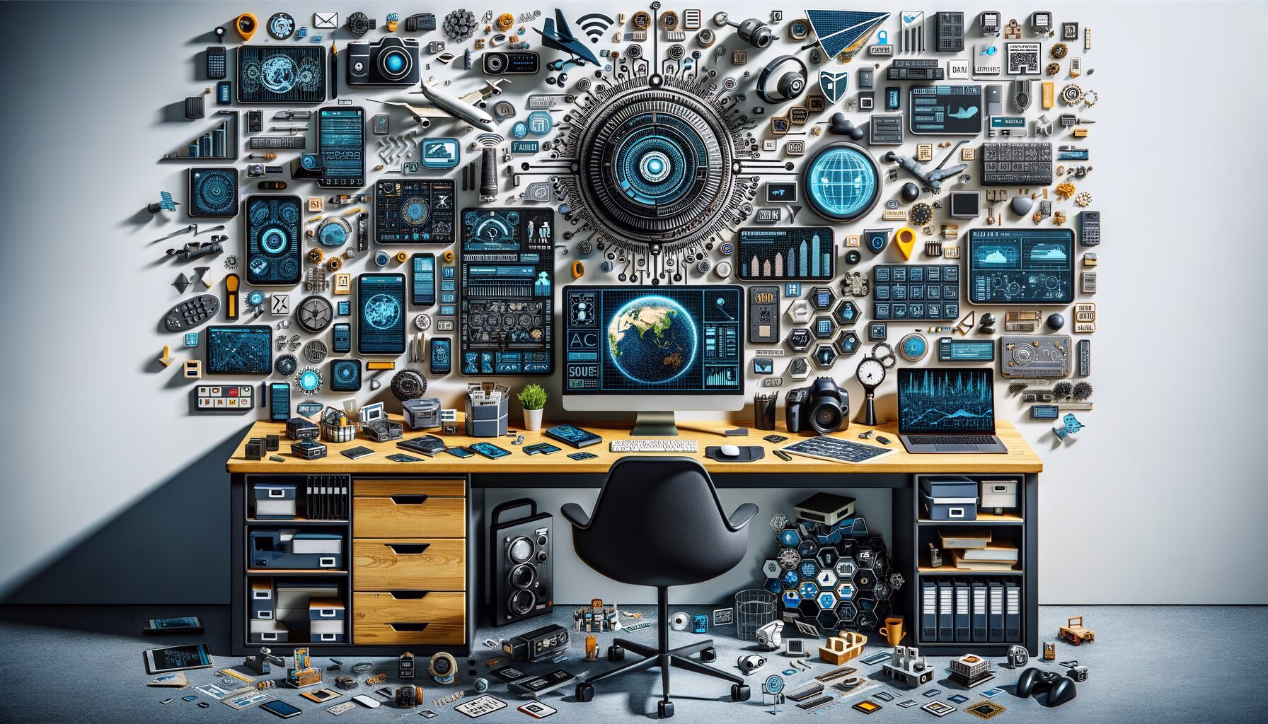 KDB Tech-Update 202403280604 Technologie-Desk mit Monitoren, Daten- und Cyber-Symbolen, Satelliten- und KI-Grafiken, Kameras und Schutzschild-Elementen zur Systemanalyse.