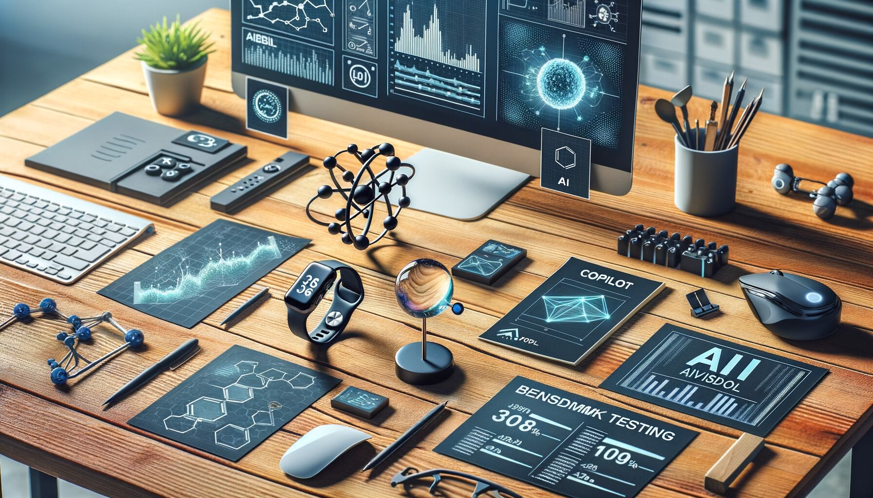 KDB Tech-Update 202403281605 Schreibtisch-Setup mit Monitor-Analytics, KI-Modul, Molekülmodell, Leistungsdiagrammen, „Copilot“-Schaltfläche und Rechner mit elektronischer Rechnung.