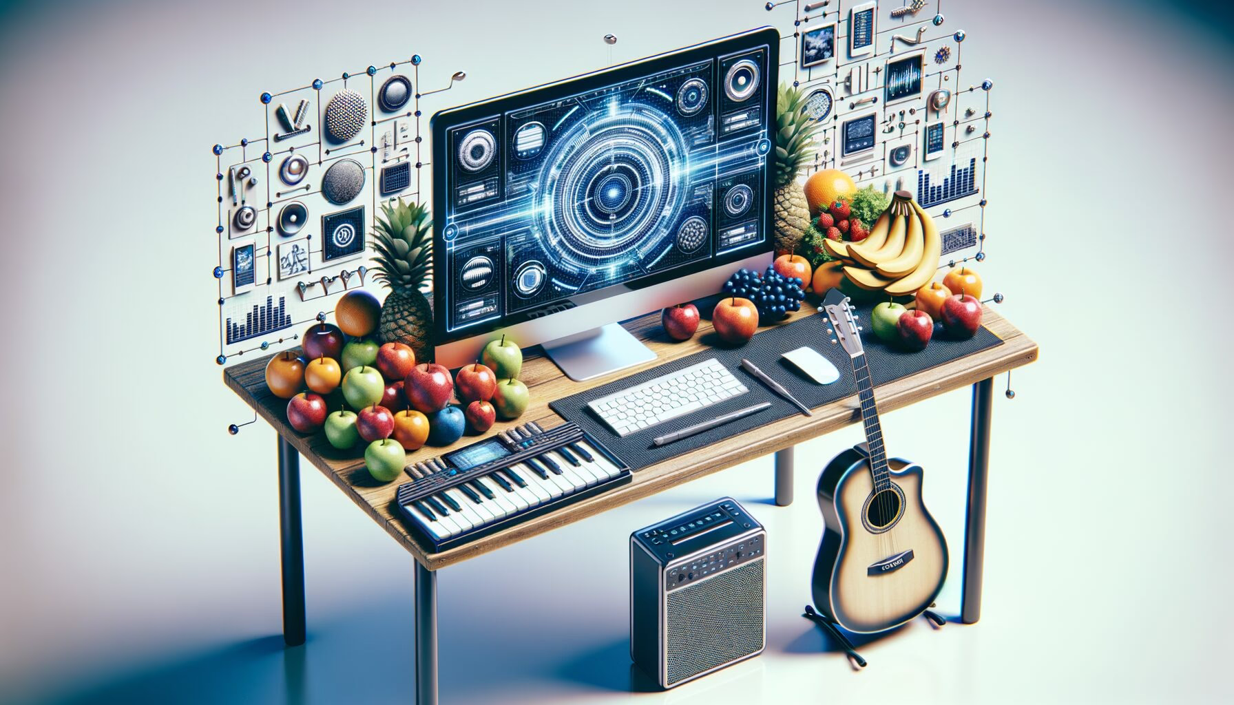 KDB Tech-Update 202403290606 Schreibtisch mit Computer und leuchtender Datenanzeige, Keyboard und Gitarre; daneben Obst und abstrakte KI-/Technik-Elemente als Symbol für Innovation.