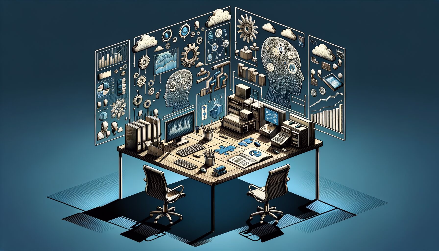 KDB Tech-Update 202403300603 Schreibtisch-Visual mit Datendiagrammen, Kopf-Silhouetten, kleinen Systemmodellen, Sicherheits-Infografik und Hinweis auf Arbeitsplatzverdrängung.