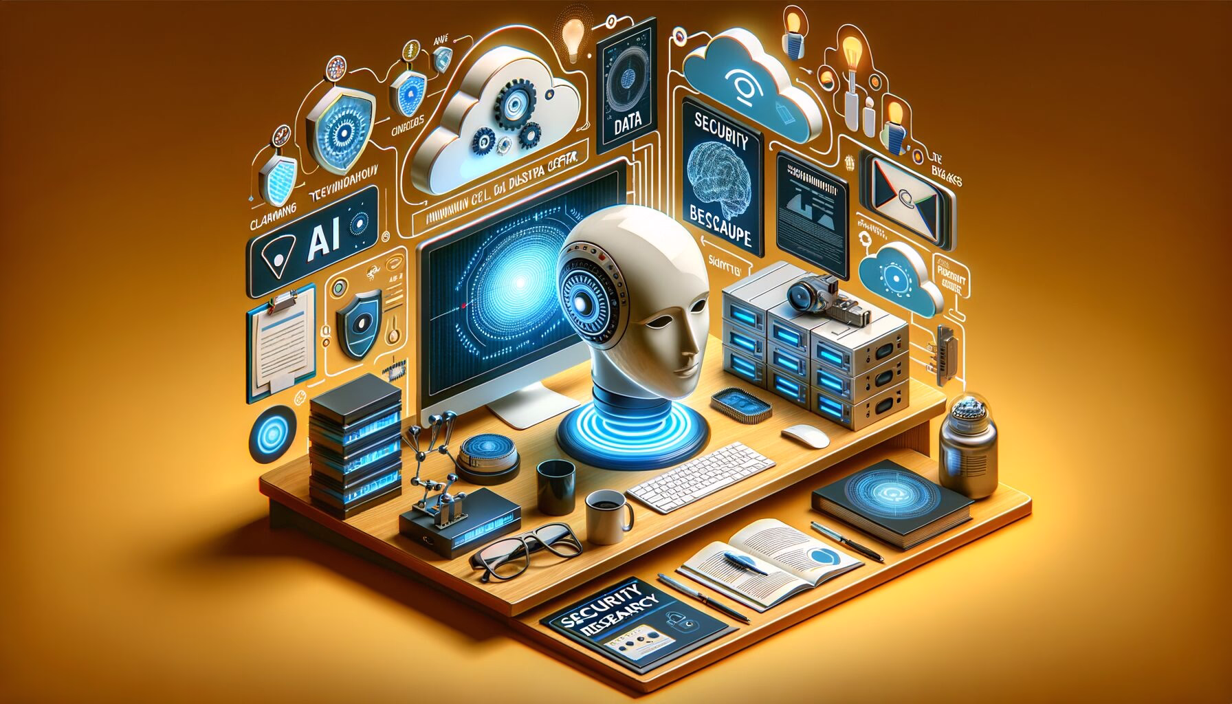 KDB Tech-Update 202403301606 Innovativer Schreibtisch mit KI-Kopf, Cloud- und Sicherheitsgrafiken, Server-Rack, Dokumenten, Datensicherungs-Icons und abgesicherten Geräten.