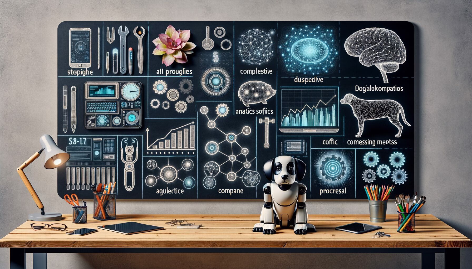 KDB Tech-Update 202403310506 Technik-Wand mit Diagrammen und Symbolen zu KI und Analytik; Roboterhund am Schreibtisch, Werkzeuge und Geräte ordnen und visualisieren Prozesse.