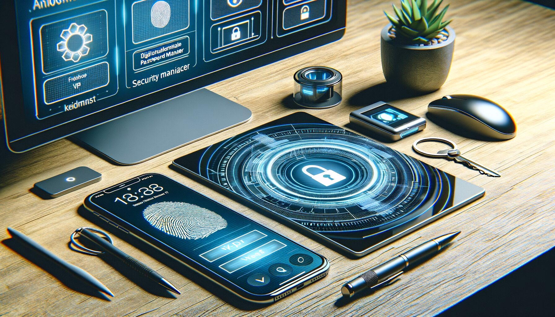 KDB Tech-Update 202404010503 Technik-Desk mit Smartphone, Tablet und Laptop: biometrischer Fingerabdruck, VPN- und Sicherheitsanzeigen, Schlüsselanhänger und Passwortverwaltung im Bild.