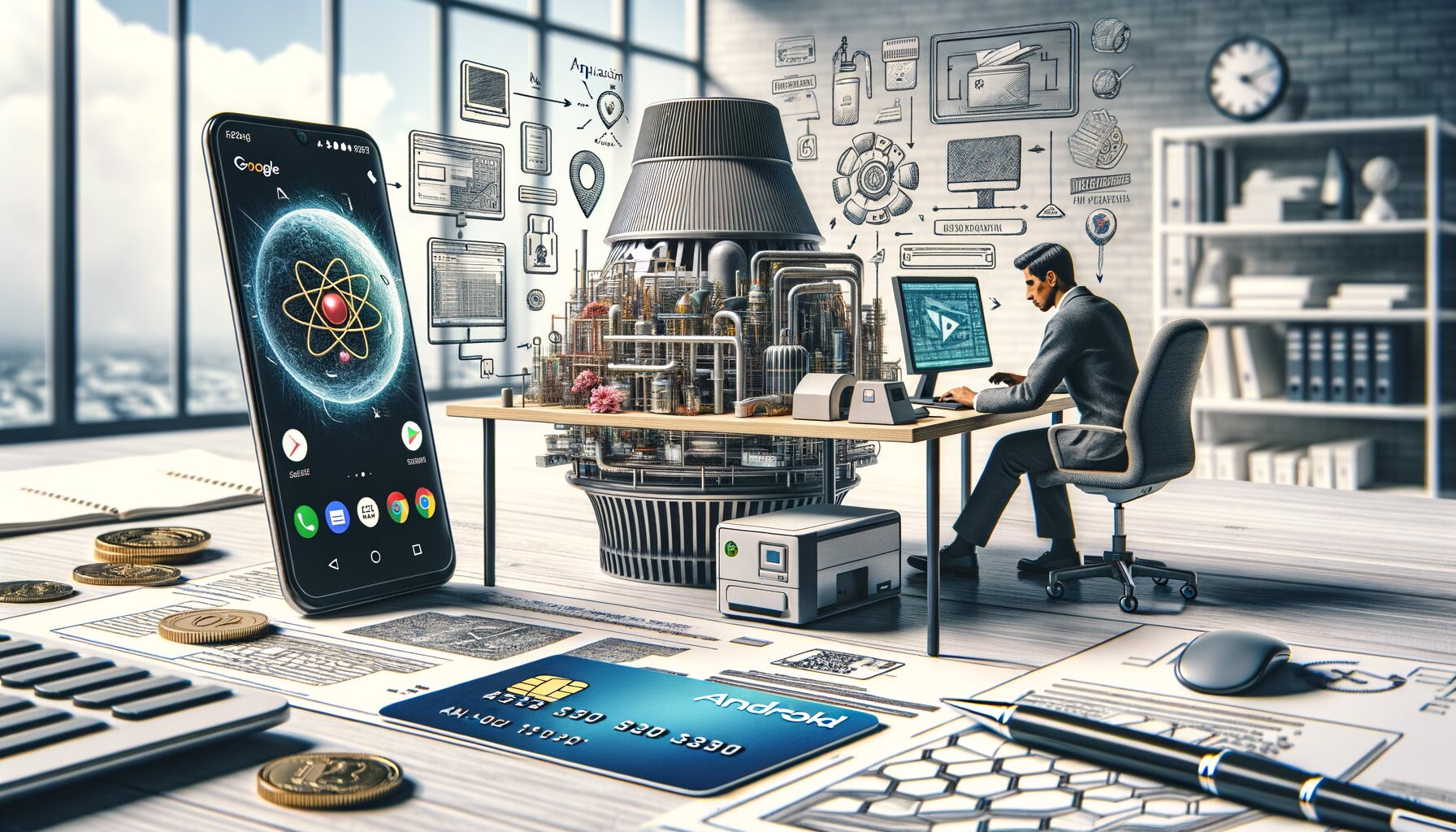 KDB Tech-Update 202404011507 Büroarbeitsplatz mit Smartphone, Kreditkarte und Kassen-/Scannergerät; Reaktormodell und Skizzen visualisieren technologische Forschung und App-Entwicklung.