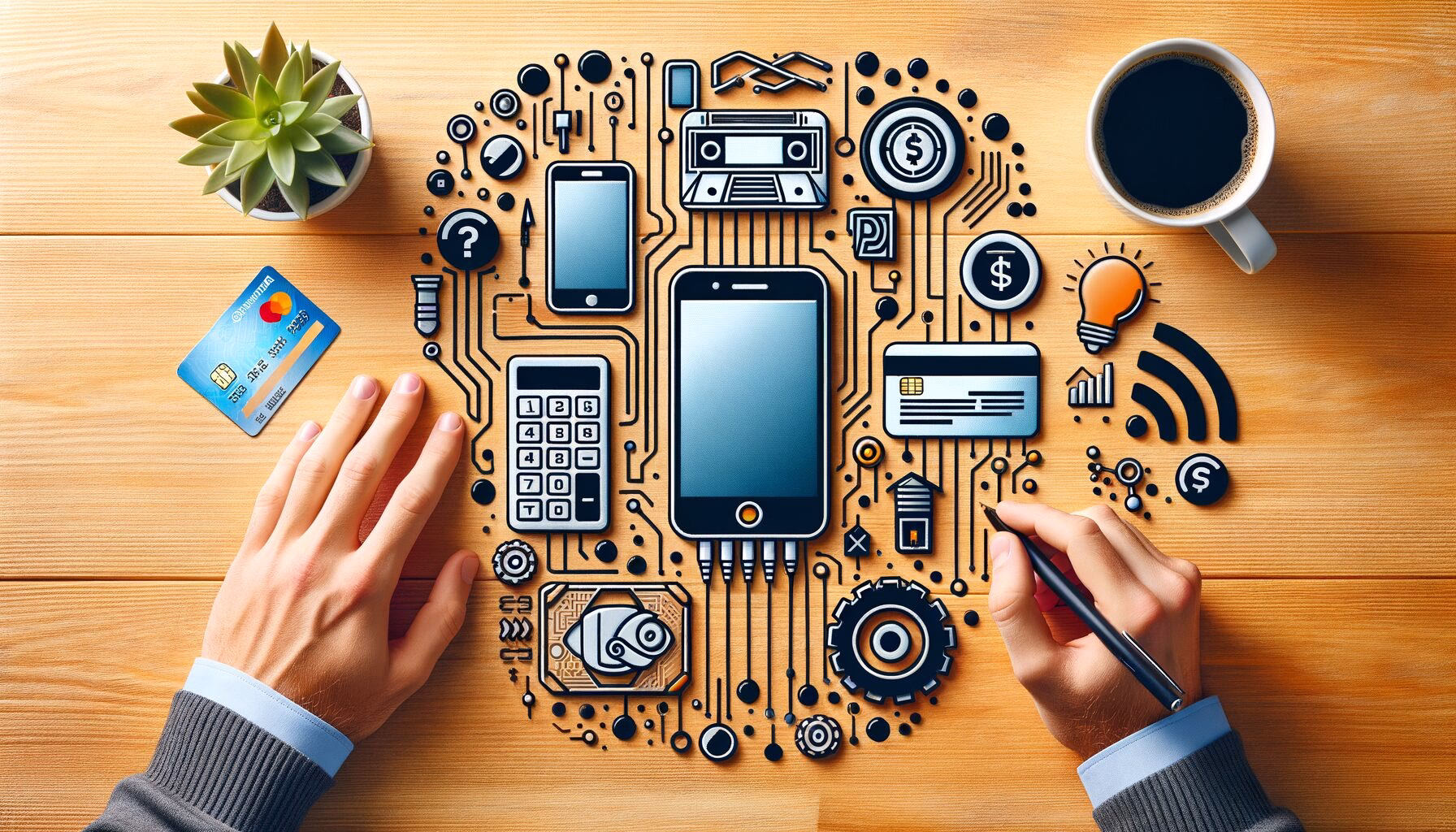 KDB Tech-Update 202404020507 Hände platzieren Smartphone, Kreditkarte und Zahl-Icons auf einer Schreibtisch-Grafik mit Technologie-Schaltkreisen für Zahlung/Finanz-Update.