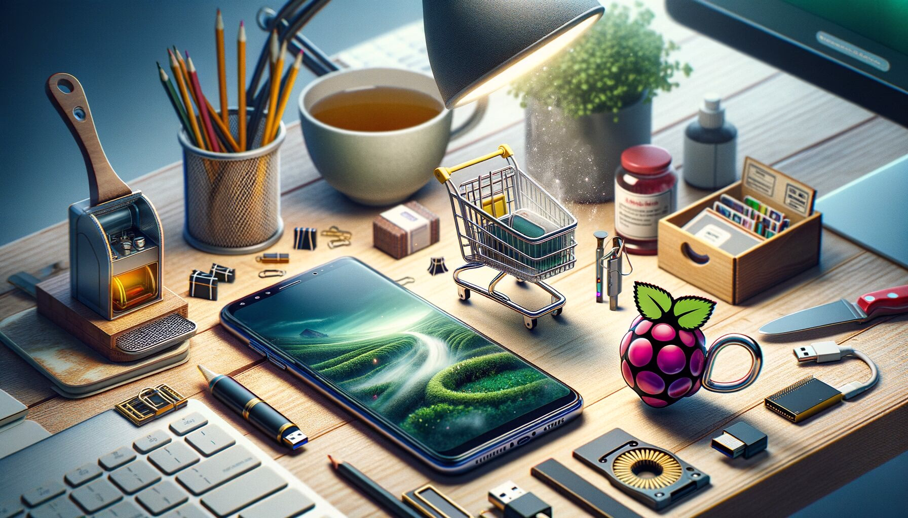 KDB Tech-Update 202404031504 Technik-Arbeitsplatz mit Smartphone, kleinem Warenkorb als Ablage, Tee, USB-Geräten und Werkzeugen, eingerahmt von Entwickler- und Organisationsbedarf.
