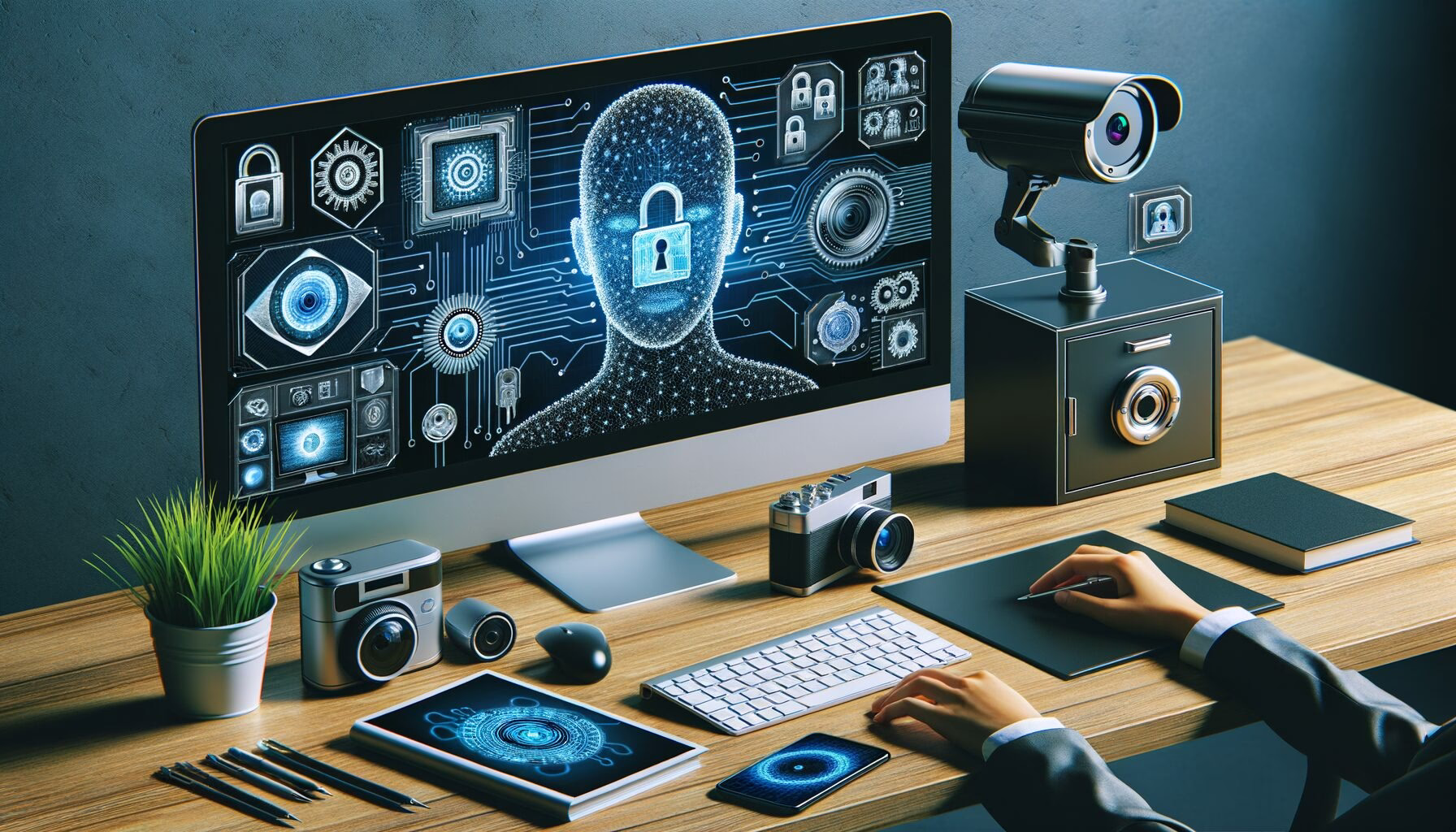 KDB Tech-Update 202404040501 Schreibtisch mit Monitor und Kamera; auf dem Bildschirm Symbole für KI, Algorithmen und digitale Sicherheit durch Verschlüsselung sowie Schutz.