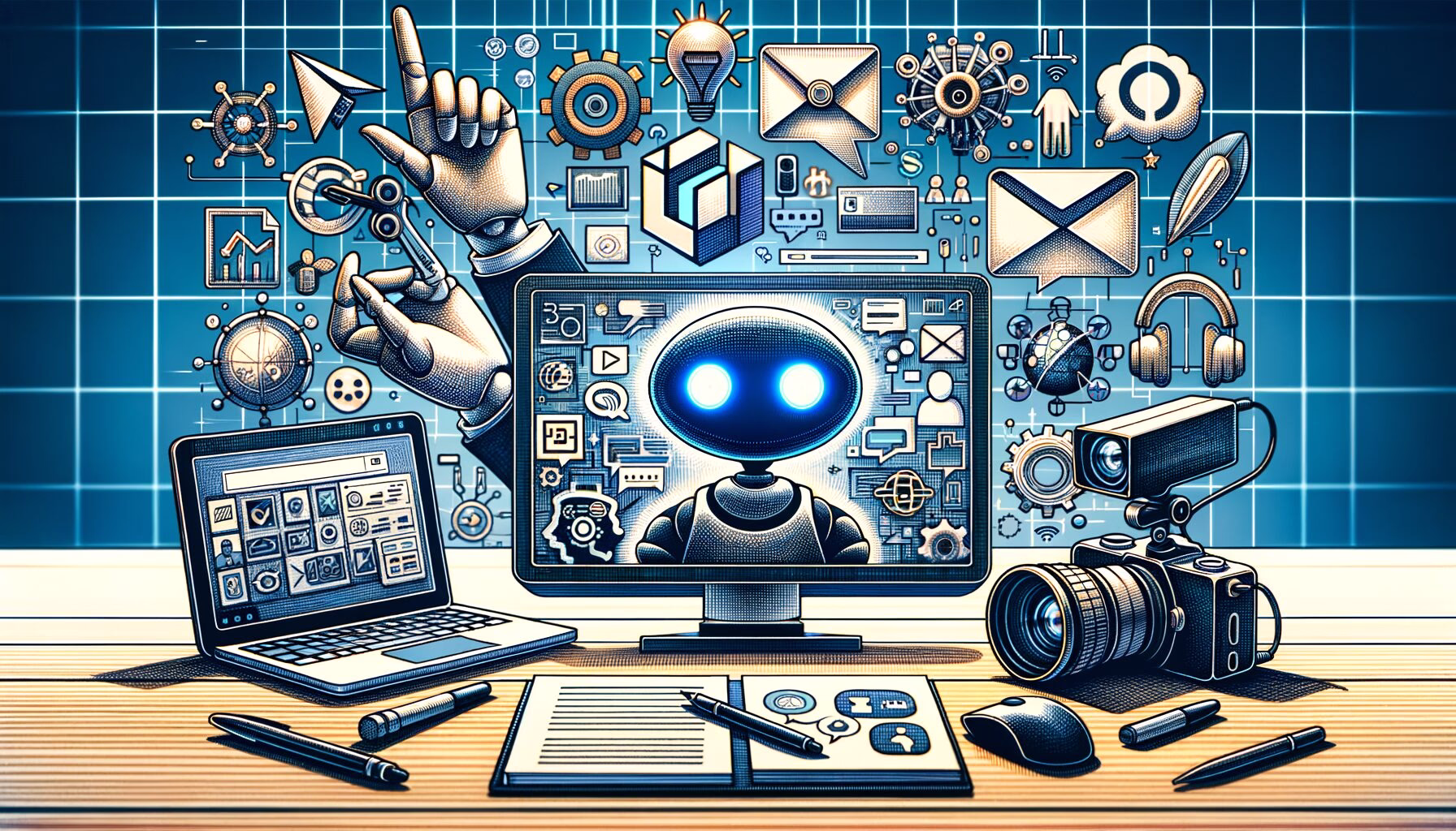 KDB Tech-Update 202404051502 Technologie-Desktop-Illustration: Bildschirm mit KI-Symbol, Kamera, Dokumente, Notizen und Chat-/Meeting-Icons als Hinweis auf Updates und digitale Beratung.
